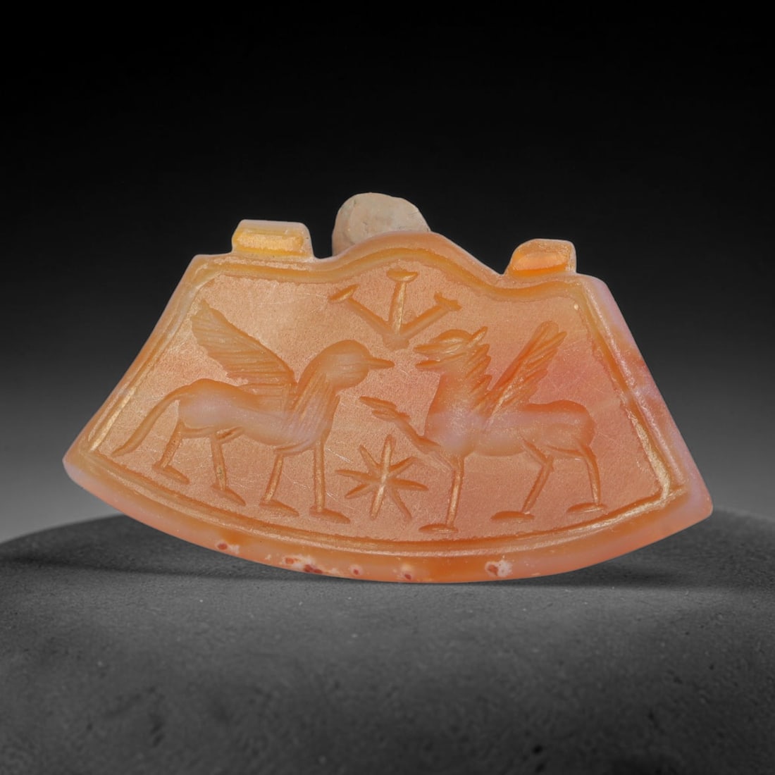 Vintage Natural Carnelian Agate Revival Indo-Persian Glyptic Figural Talisman Amulet Plaque, 60FK: This vintage talisman pendant plaque is skillfully carved from natural banded carnelian agate, crafted in a style referencing ancient Indo-Persian glyptic art traditions. The face bears detailed relie