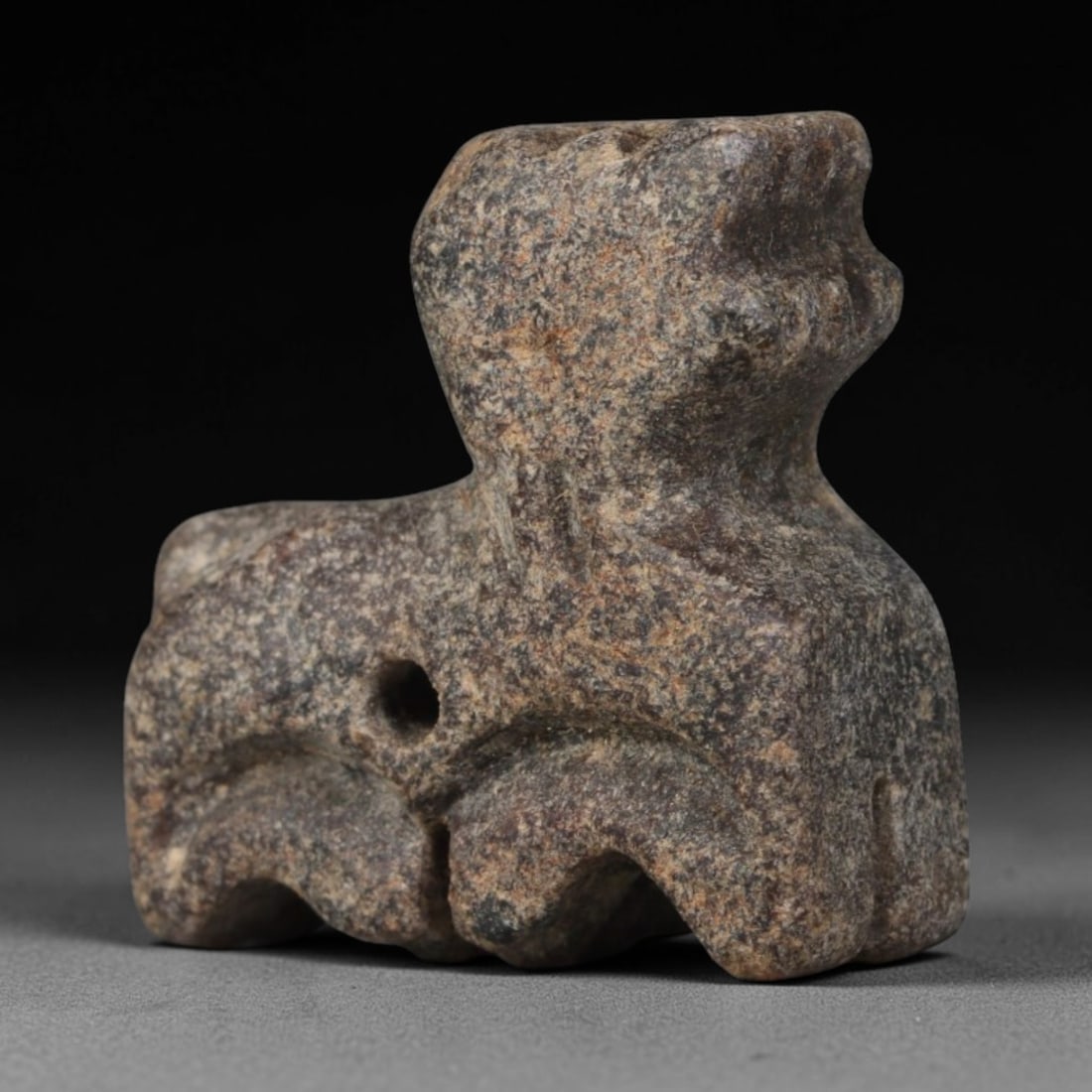 Ancient Bactrian Hand Carved Schist Stone Protective Amulet, 95AP: Miniature antique wearable talisman hand hewn from natural speckled schist metamorphic stone, originating from ancient Bactrian Central Asian cultural sphere. Schist was a prominent carving material i