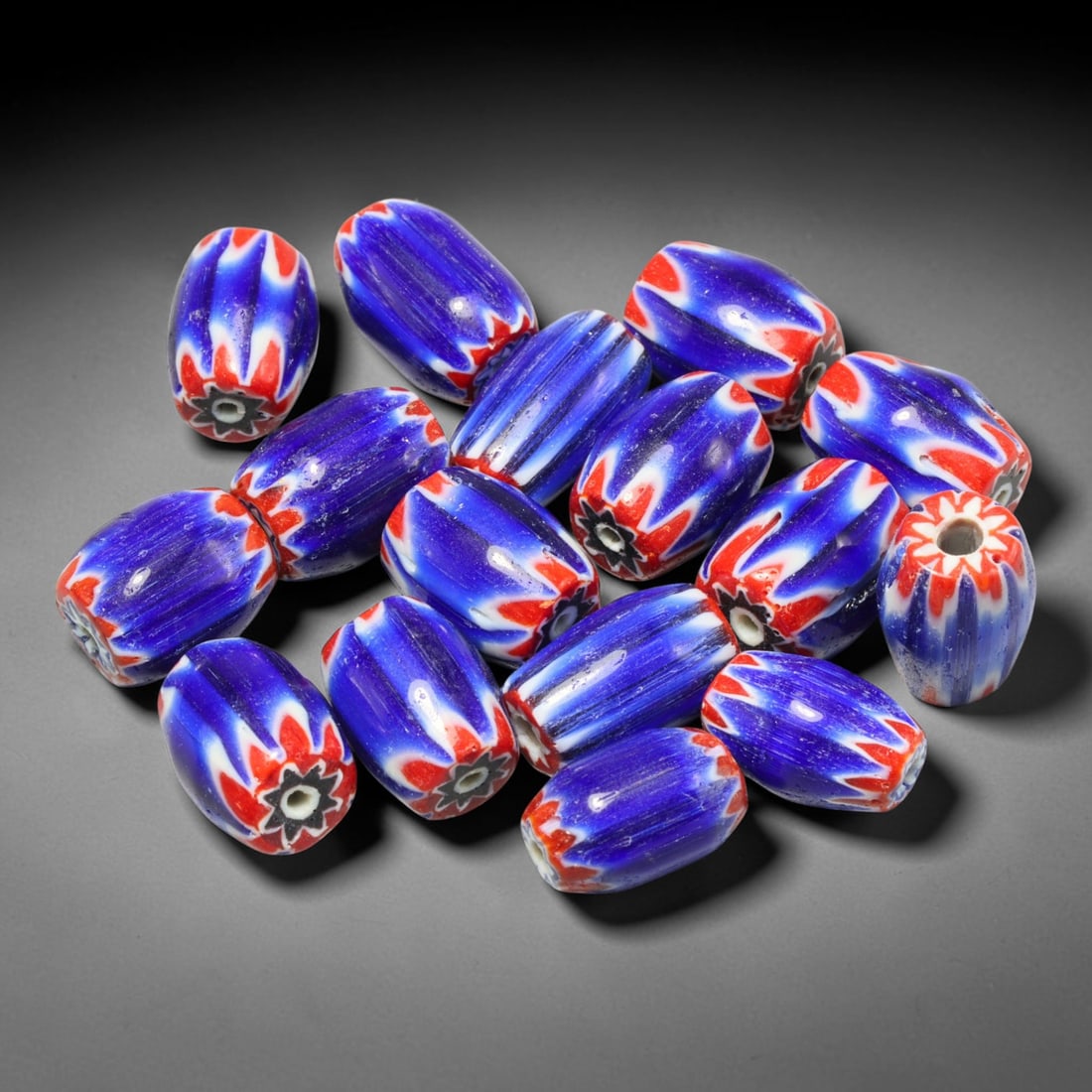 Vintage Chevron Glass Trade Bead Parcel Lot, 9EG: Vintage chevron glass bead collection, well-preserved with characteristic aged glass surface texture. Largest bead measures 12x9mm, suitable for jewellery assembly, collection and antique bead trading
