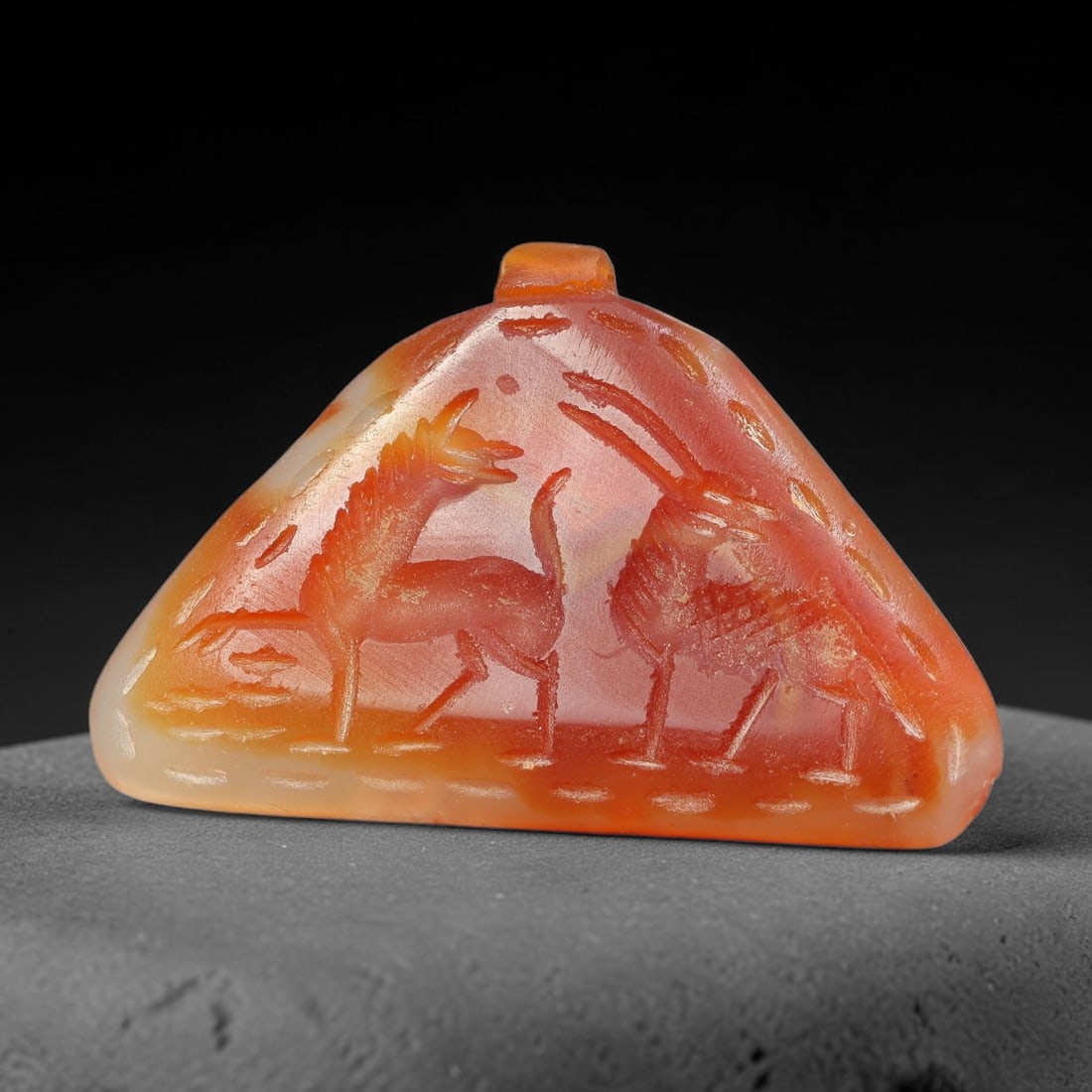 Vintage Natural Carnelian Agate Revival Indo-Persian Glyptic Figural Talisman Amulet Plaque, 20FK: This vintage talisman pendant plaque is skillfully carved from natural banded carnelian agate, crafted in a style referencing ancient Indo-Persian glyptic art traditions. The face bears detailed relie