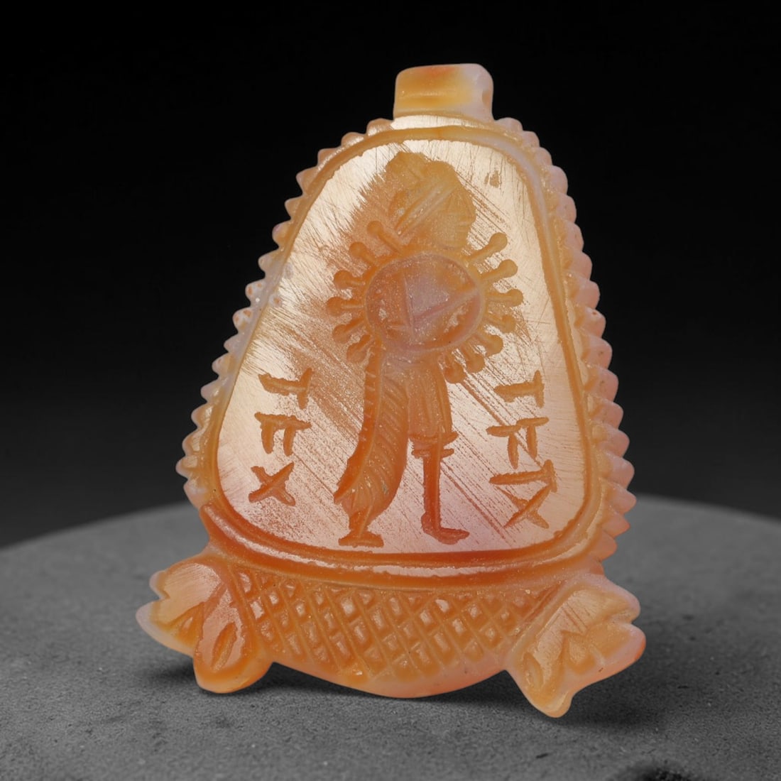Vintage Natural Carnelian Agate Revival Indo-Persian Glyptic Figural Talisman Amulet Plaque, 42FL: This vintage talisman pendant plaque is skillfully carved from natural banded carnelian agate, crafted in a style referencing ancient Indo-Persian glyptic art traditions. The face bears detailed relie