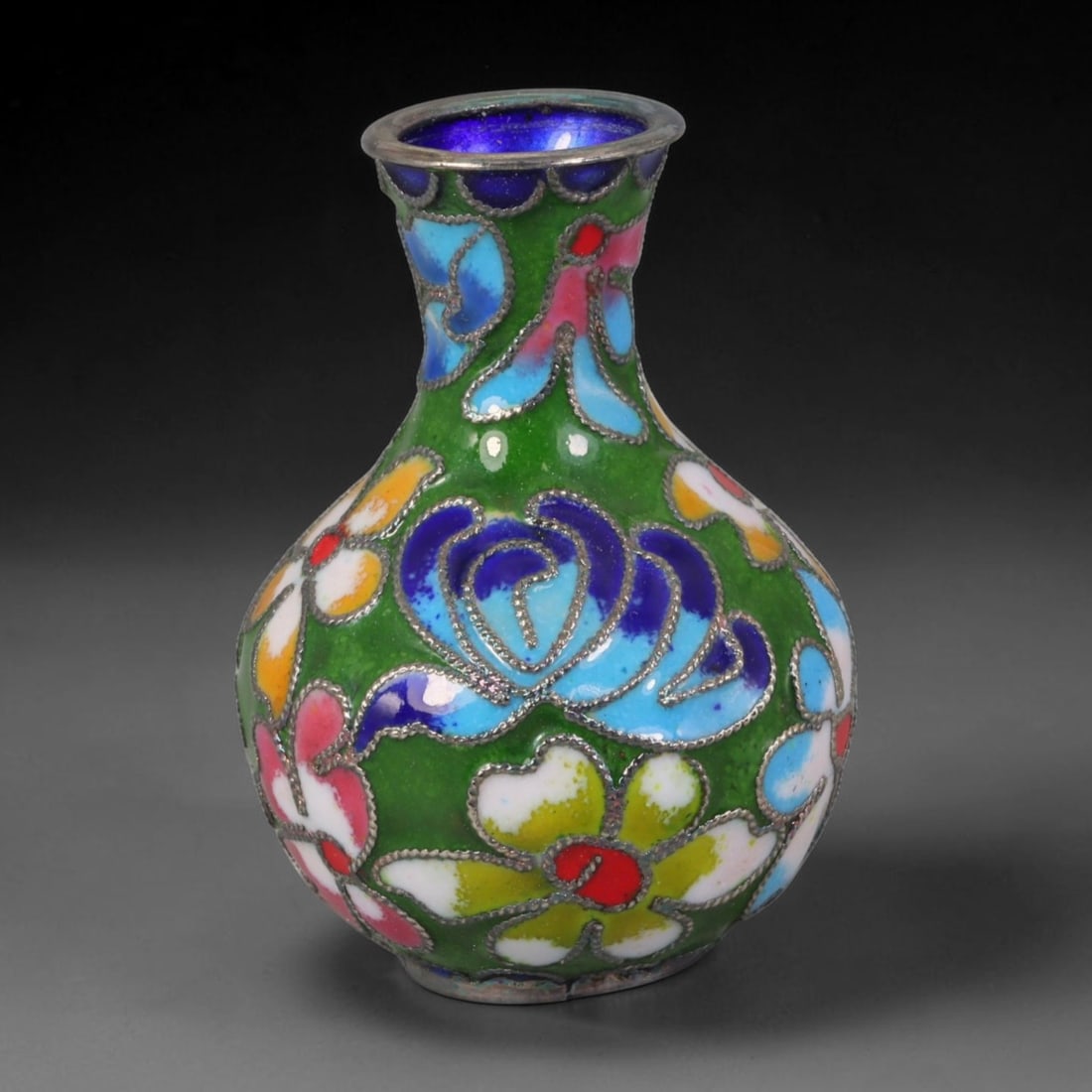 Vintage Chinese Copper Cloisonne Mini Vase - Floral Enamel Vessel, 36AR: Crafted from copper base metal with traditional Chinese cloisonne wire filigree and hand-fired polychrome enamel glazes. The vessel features a bulbous globular body tapering to a narrow cylindrical ne