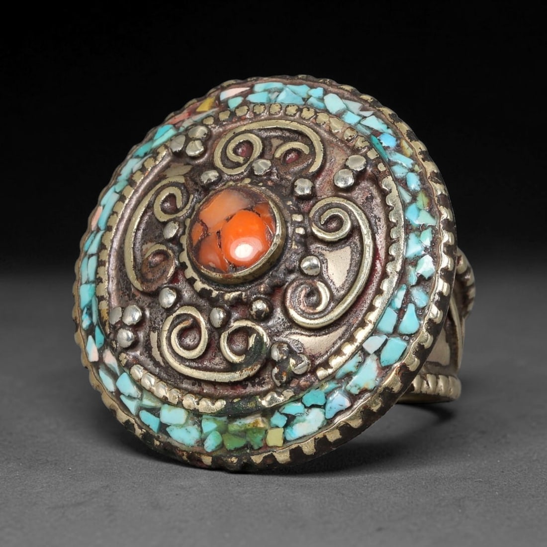 Vintage Tibetan Tribal Silver Plated Gemstone Inlay Ring, US Size 12, 86BY: Vintage Tibetan constructed ring with silver plated metal framework. The face features carefully set natural mineral inlays surrounded by detailed traditional metal ornamentation and textured border d