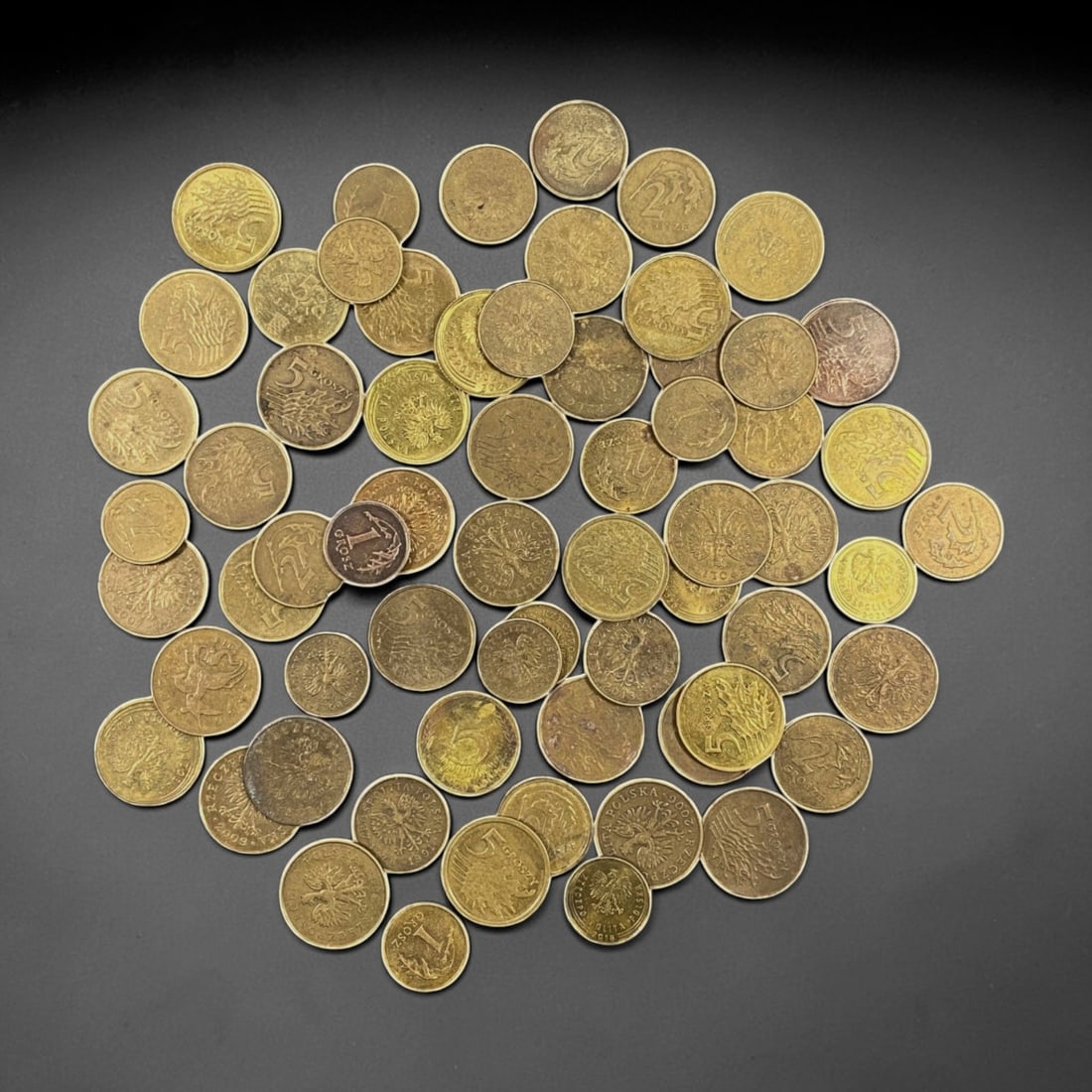 POLAND: Post-Transition Identity - Grosz Bulk Coin Lot, 4V: This extensive lot of Polish Grosz coins showcases the enduring crowned white eagle, Poland's most recognizable national emblem. Denominations range from 1 to 5 Grosz, minted in brass during the post-