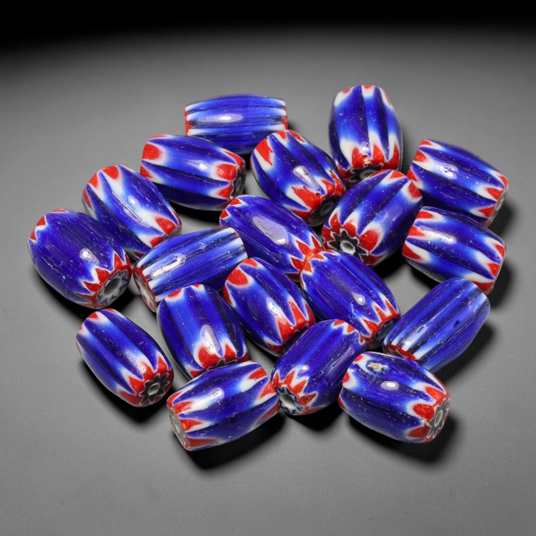 Vintage Chevron Glass Trade Bead Parcel Lot, 6EG: Vintage chevron glass bead collection, well-preserved with characteristic aged glass surface texture. Largest bead measures 12x9mm, suitable for jewellery assembly, collection and antique bead trading