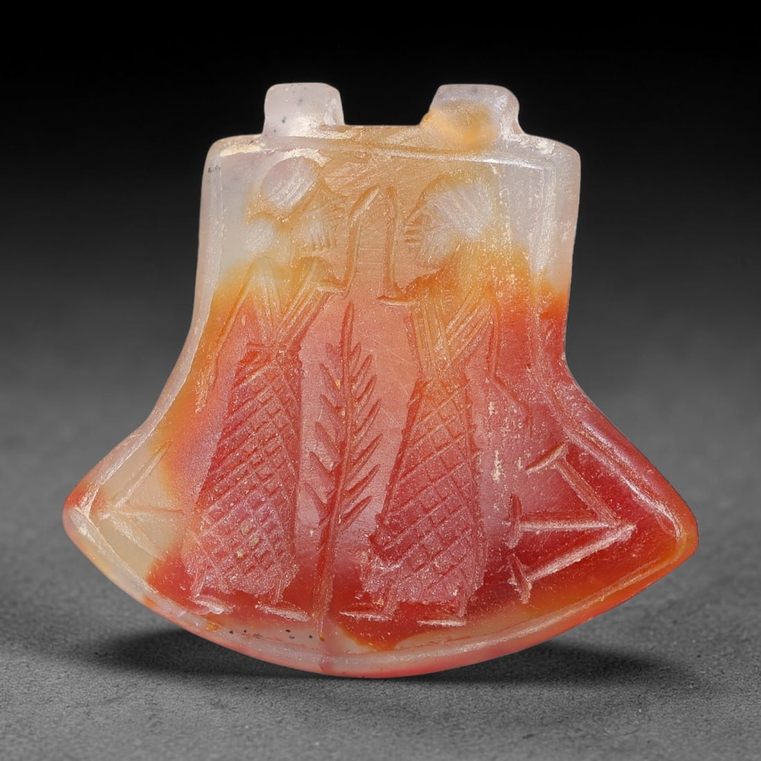 Vintage Natural Carnelian Agate Revival Indo-Persian Glyptic Figural Talisman Amulet Plaque, 48FK: This vintage talisman pendant plaque is skillfully carved from natural banded carnelian agate, crafted in a style referencing ancient Indo-Persian glyptic art traditions. The face bears detailed relie