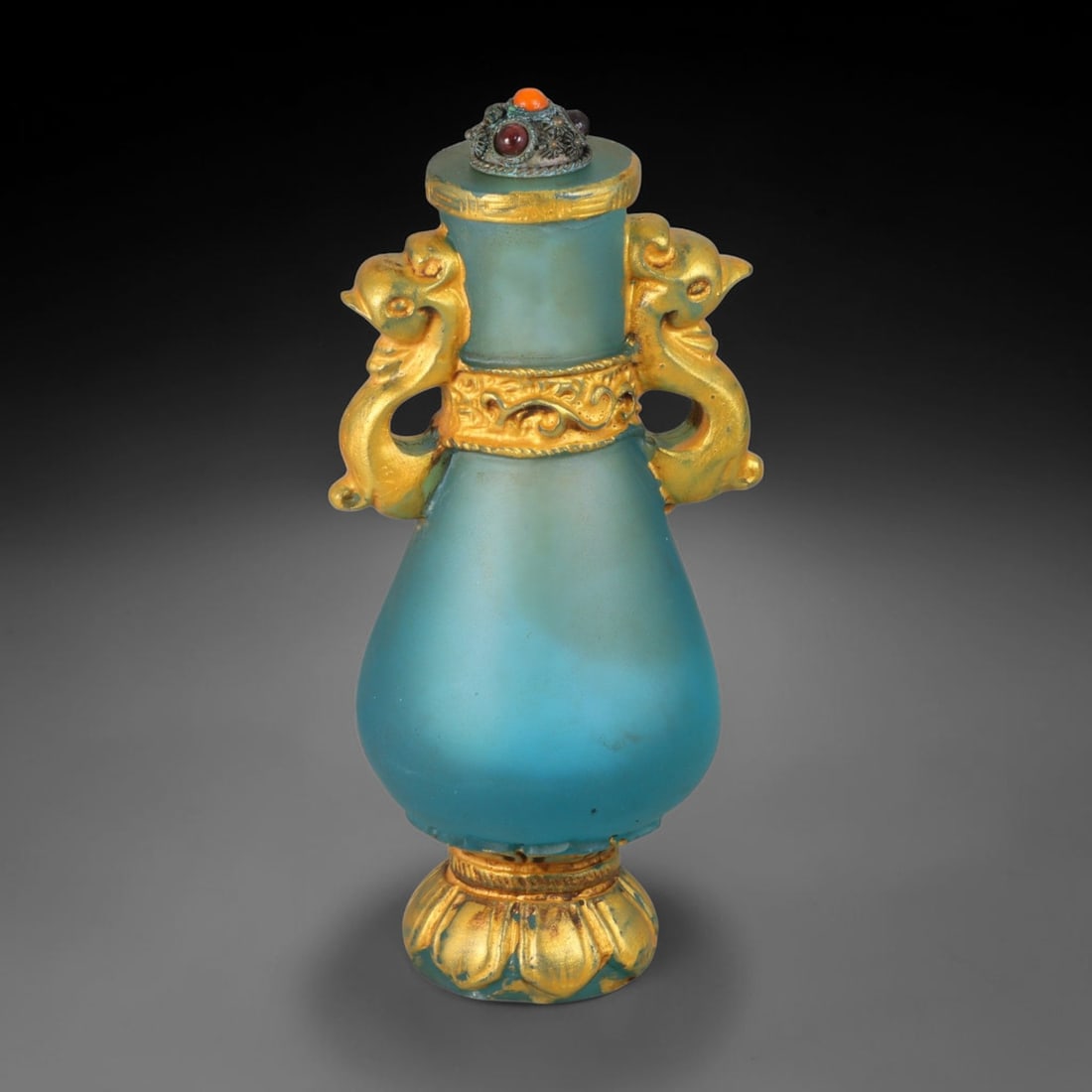 Vintage Chinese Liuli Glass Snuff Bottle - Gilt Phoenix Handle Lotus Base Vessel, 30AS: This tall pear-form snuff bottle is crafted from frosted translucent turquoise vintage Chinese liuli glass, adorned with elaborate gilded decorative metalwork throughout its structure. Symmetric sculp
