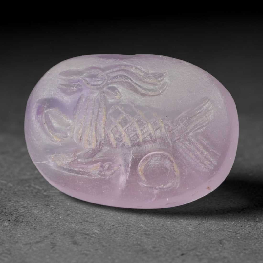 Ancient Sasanian Persian Amethyst Intaglio Seal (224-651 CE), 11EJ: This antique amethyst intaglio seal originates from the Sasanian Persian Empire, crafted as both a functional sealing implement and protective personal talisman drawing upon the rich zoomorphic symbol