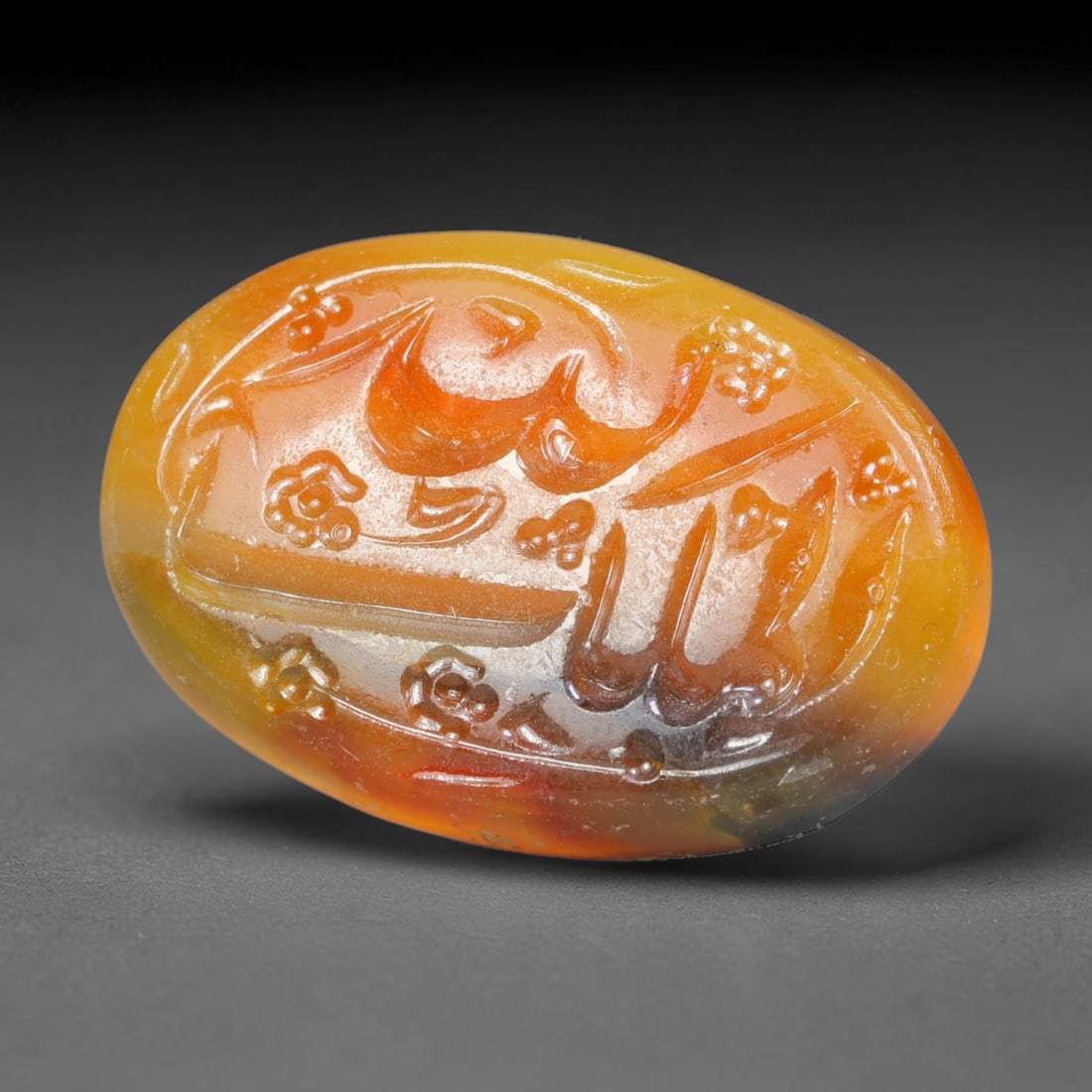 Early Vintage Islamic Natural Agate Calligraphic Script Intaglio Seal Cabochon (Post 1900 CE), 87EK: Fully hand-engraved agate intaglio seal tablet, crafted entirely by hand with no machine-assisted carving. The polished stone face features inscribed devotional script contained within a defined carvi