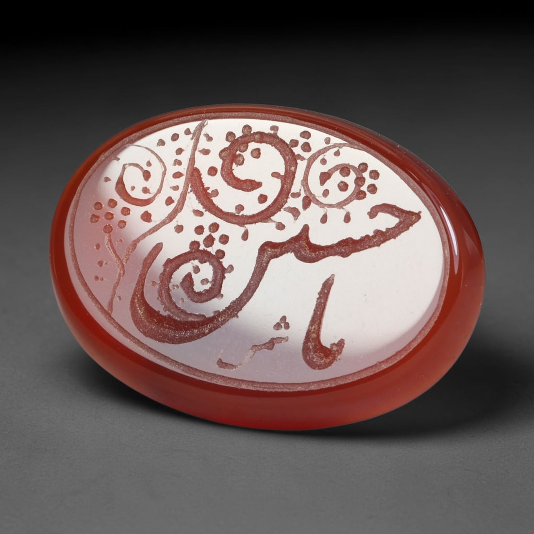 Vintage Carnelian Agate Islamic Calligraphic Intaglio Seal Cabochon Talisman, 21EL: This vintage natural carnelian agate intaglio seal cabochon draws inspiration from historic Islamic lapidary traditions, crafted as a wearable talisman and seal blank for jewelry setting. The polished