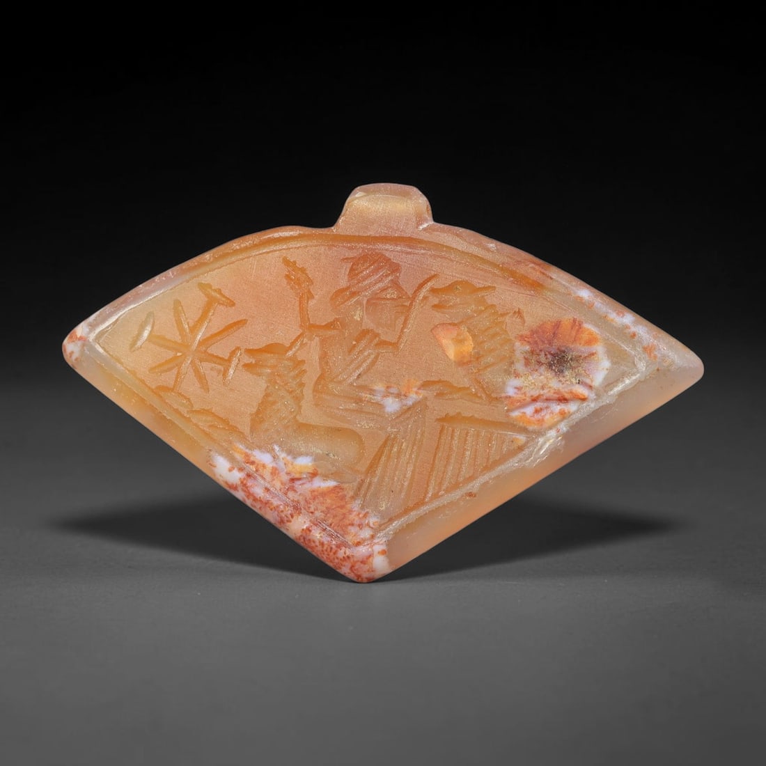 Vintage Natural Carnelian Agate Revival Indo-Persian Glyptic Figural Talisman Amulet Plaque, 83FK: This vintage talisman pendant plaque is skillfully carved from natural banded carnelian agate, crafted in a style referencing ancient Indo-Persian glyptic art traditions. The face bears detailed relie