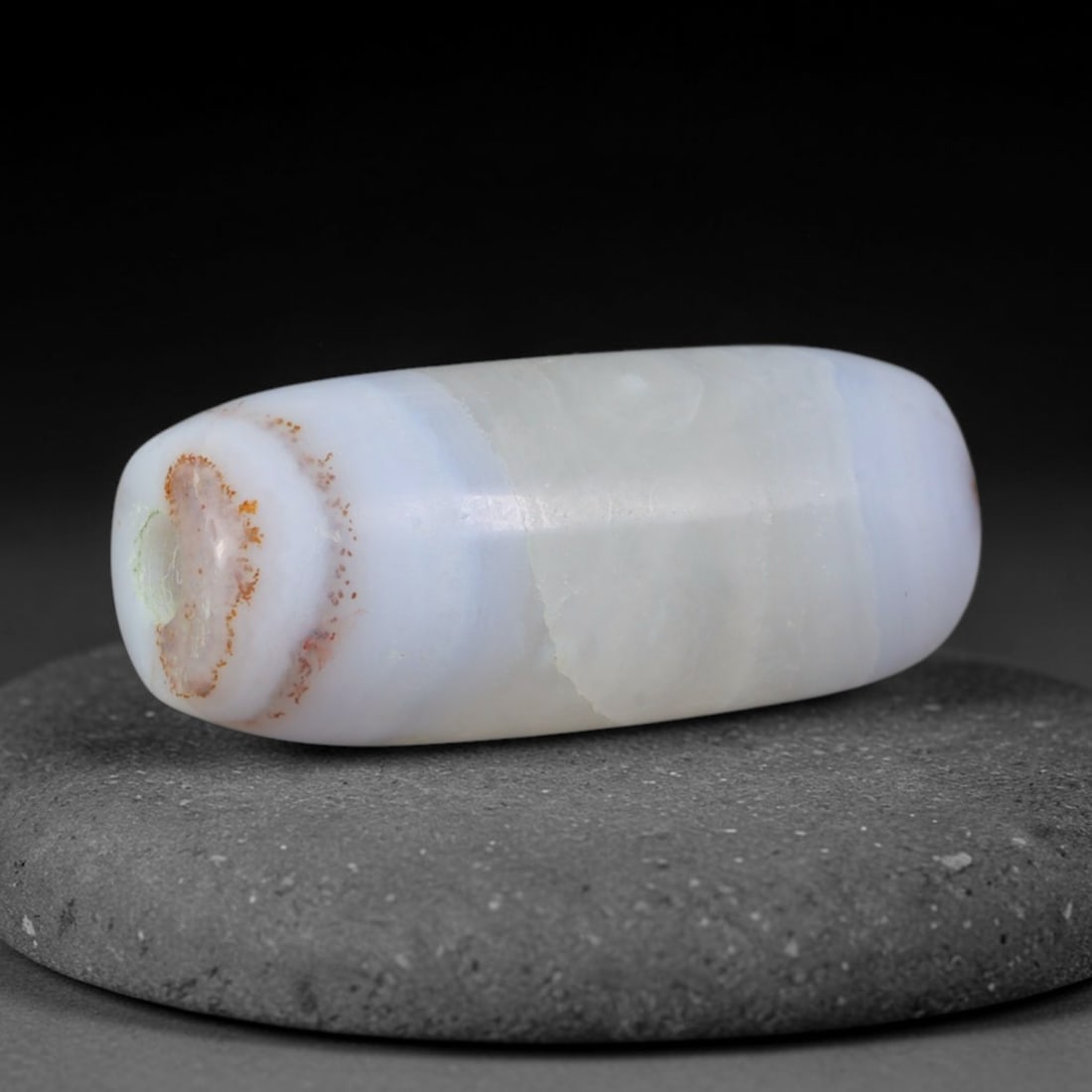 Ancient Tang Dynasty Natural Eye Pale Blue Banded Agate Barrel Bead (618-907 CE), 92AD: This antique eye banded agate barrel bead originates from China's Tang Dynasty, a golden age of Silk Road cultural exchange where agate talismans were revered for protective symbolism, crafted for imp