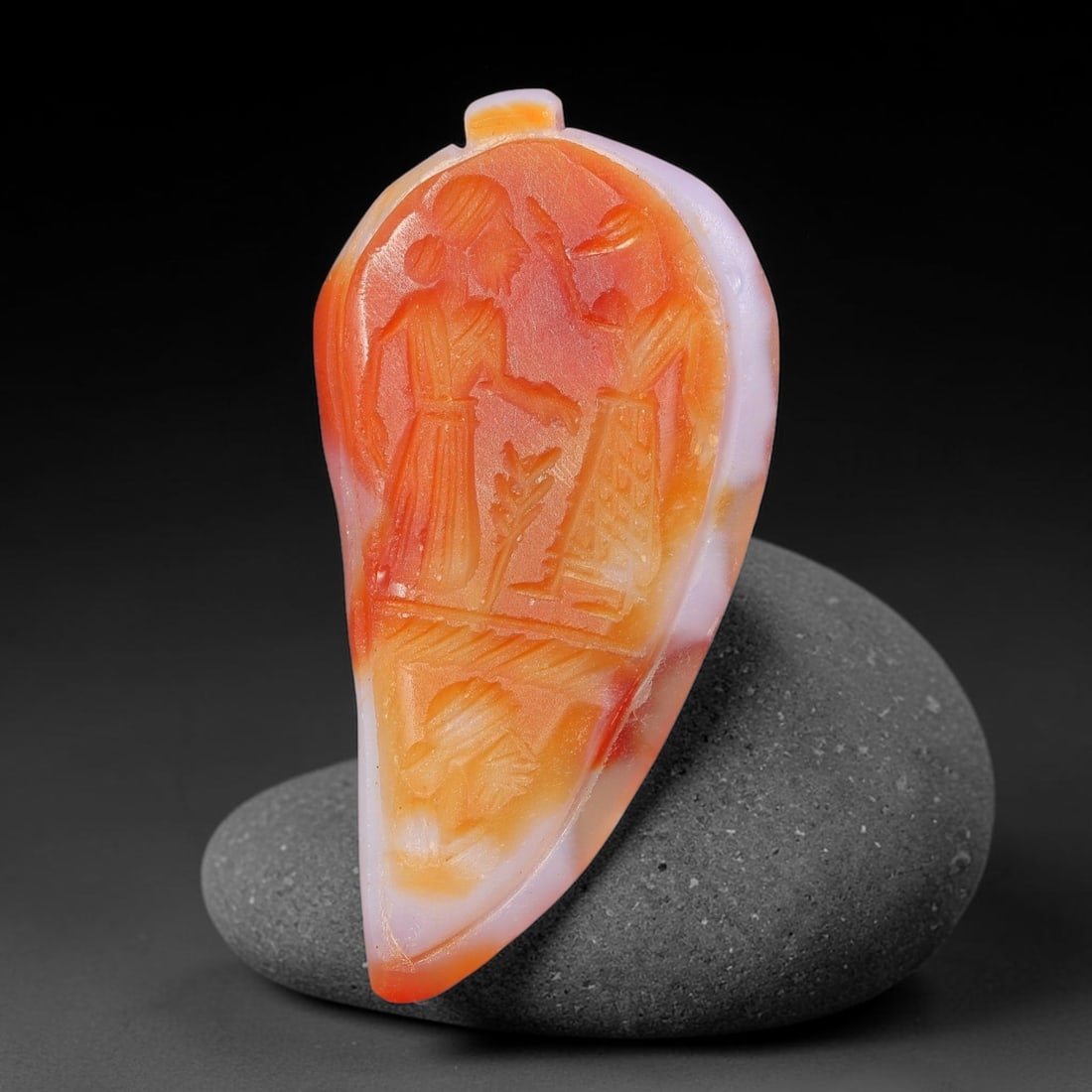 Vintage Natural Carnelian Agate Revival Indo-Persian Glyptic Figural Talisman Amulet Plaque, 91FK: This vintage talisman pendant plaque is skillfully carved from natural banded carnelian agate, crafted in a style referencing ancient Indo-Persian glyptic art traditions. The face bears detailed relie