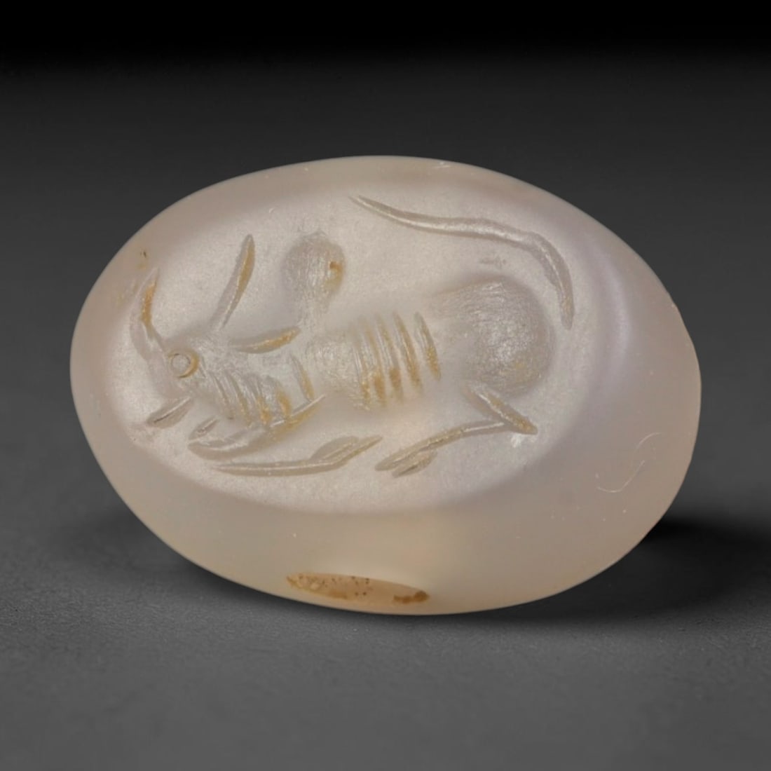 Ancient Sasanian Persian Chalcedony Intaglio Stamp Seal (224-651 CE), 82ED: This antique chalcedony intaglio stamp seal originates from Ancient Sasanian Persian civilisation, crafted to serve as both an official impression-making seal and a cherished protective talisman. The 