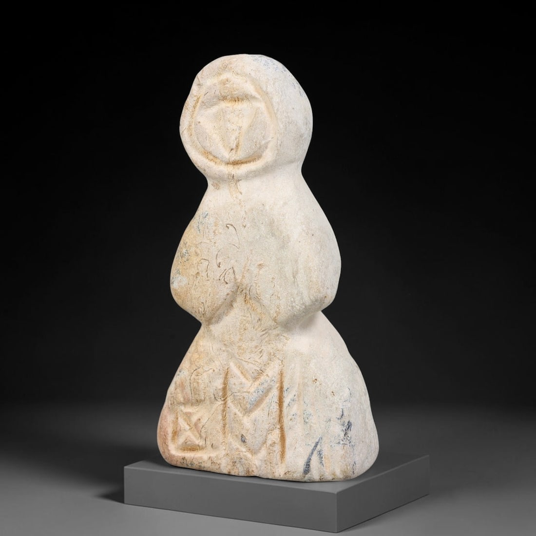 Ancient Medieval Byzantine Stone Ritual Idol (600-1100 CE), 65EJ: This antique stone ritual idol originates from ancient Medieval Byzantine cultural tradition, created for ceremonial and devotional observance. The pale stone exhibits longterm surface weathering, min