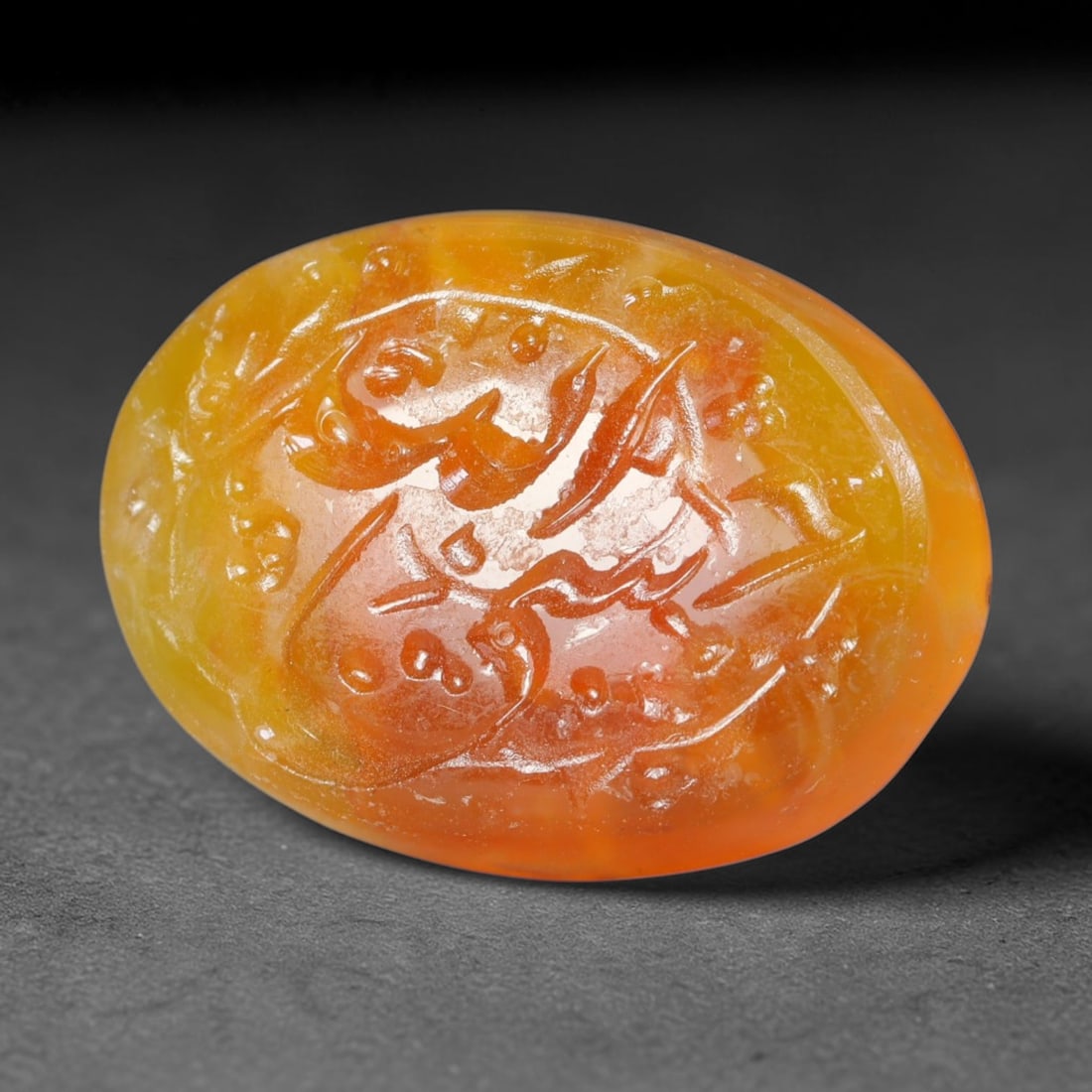 Early Vintage Islamic Natural Agate Calligraphic Script Intaglio Seal Cabochon (Post 1900 CE), 98EK: Fully hand-engraved agate intaglio seal tablet, crafted entirely by hand with no machine-assisted carving. The polished stone face features inscribed devotional script contained within a defined carvi