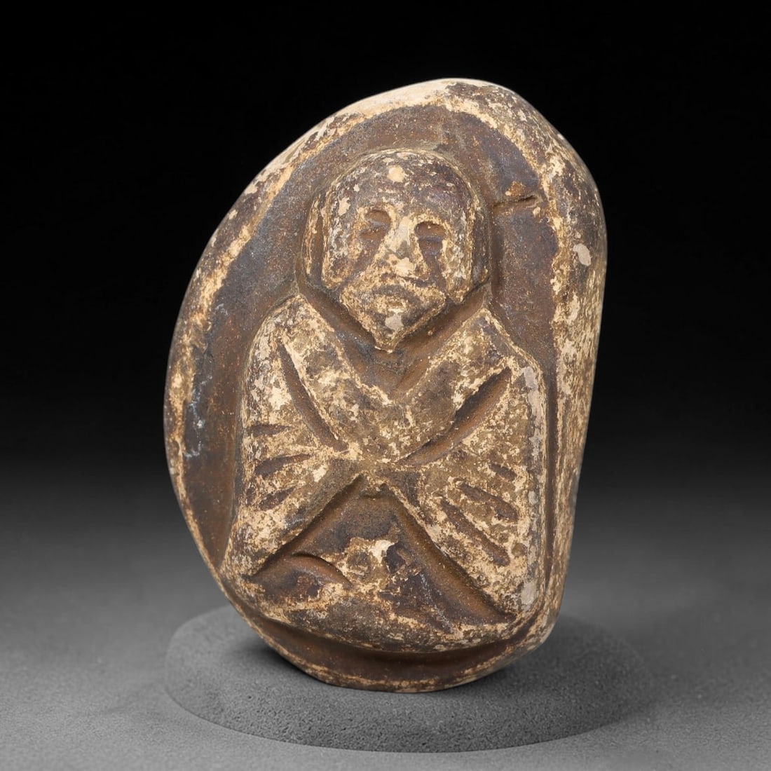 Antique Japanese Edo Period Stone Amulet (1603-1868 CE), 8EK: This antique stone amulet originates from Japanese Edo Period cultural tradition, created as a devotional wearable object for personal spiritual purpose. The stone shows natural textural variation, ag