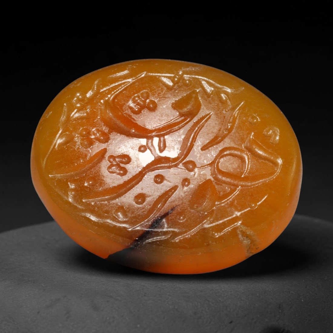 Early Vintage Islamic Natural Agate Calligraphic Script Intaglio Seal Cabochon (Post 1900 CE), 34EL: Fully hand-engraved agate intaglio seal tablet, crafted entirely by hand with no machine-assisted carving. The polished stone face features inscribed devotional script contained within a defined carvi