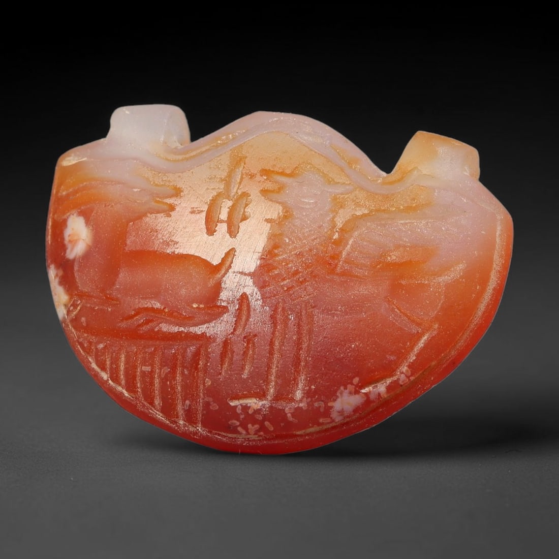 Vintage Natural Carnelian Agate Revival Indo-Persian Glyptic Figural Talisman Amulet Plaque, 22FL: This vintage talisman pendant plaque is skillfully carved from natural banded carnelian agate, crafted in a style referencing ancient Indo-Persian glyptic art traditions. The face bears detailed relie