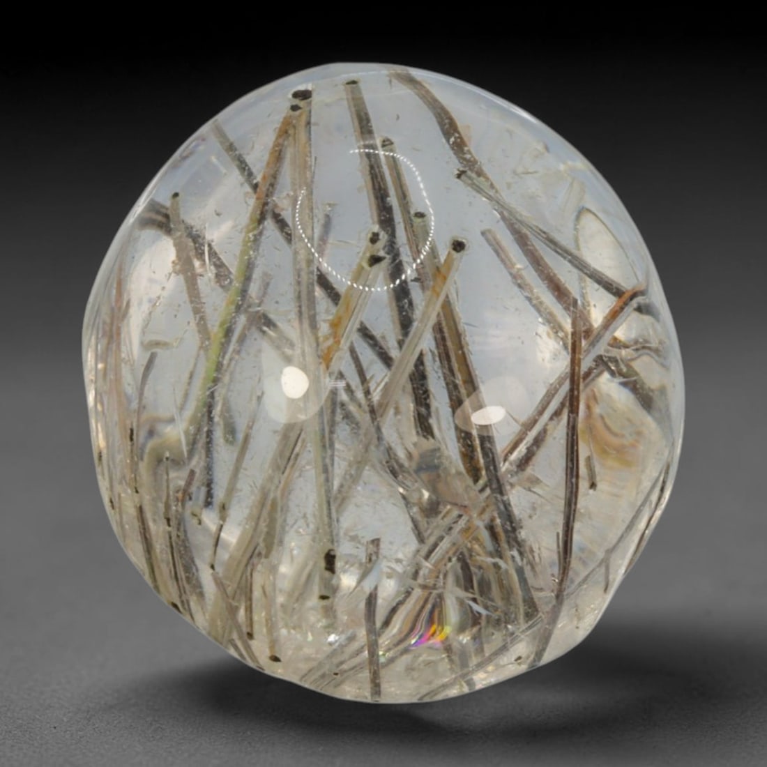 13ct Natural Brazilian Black Rutile Quartz Cabochon Loose Gemstone, 81BM: This polished cabochon of natural rutile quartz features countless distinct slender black rutile needle inclusions suspended within the clear quartz host crystal. The smooth domed surface enables full