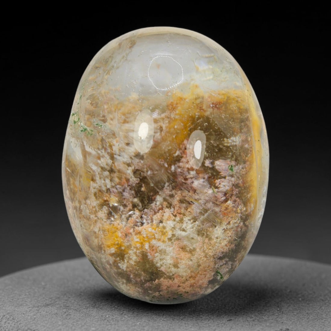 39ct Natural Brazilian Phantom Quartz Oval Cabochon Loose Gemstone, 91BL: This smoothly polished cabochon of natural phantom quartz preserves delicate layered phantom crystal formations enclosed inside transparent quartz host. The domed polished surface offers unobstructed 