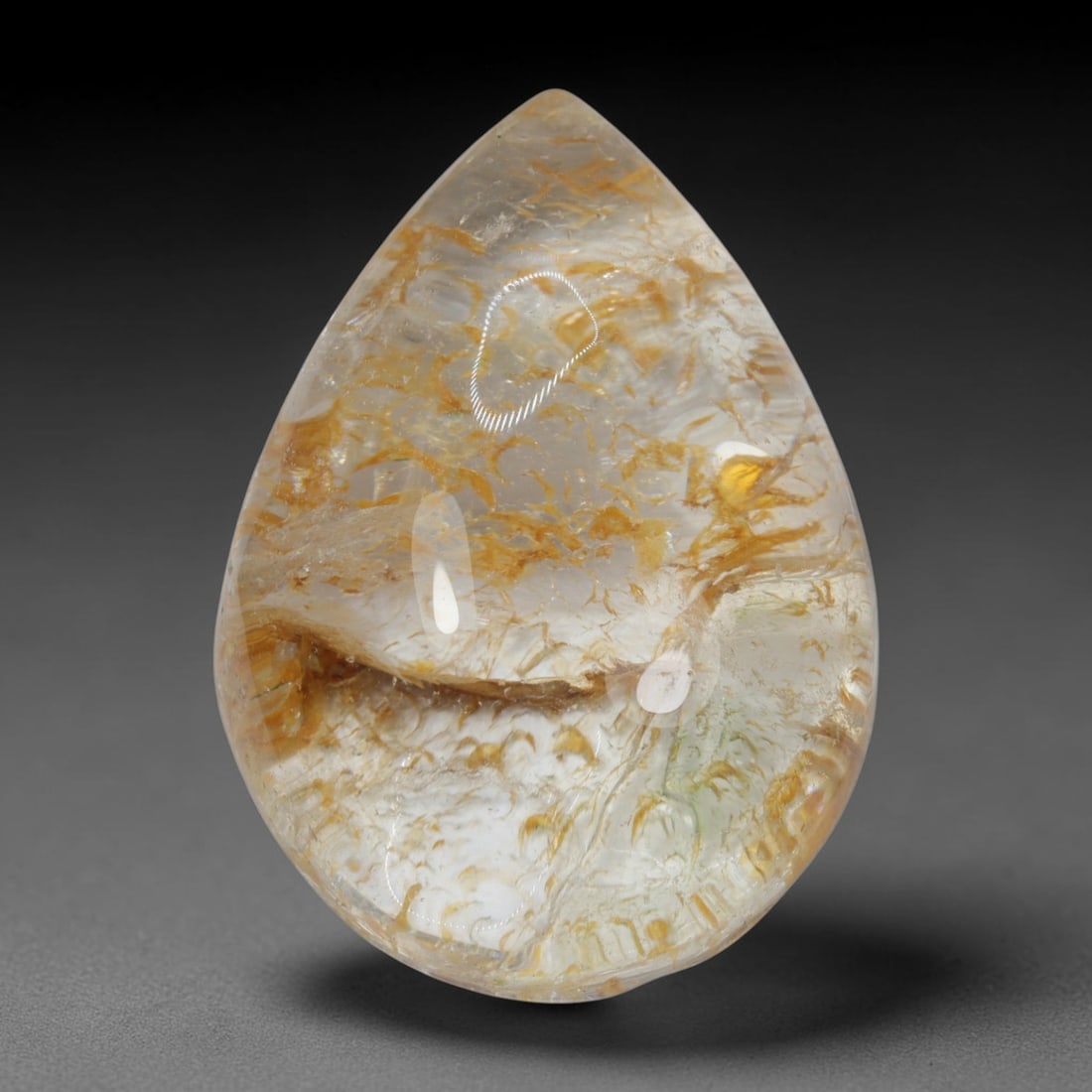 38ct Natural Brazilian Phantom Quartz Oval Cabochon Loose Gemstone, 14BP: This smoothly polished cabochon of natural phantom quartz preserves delicate layered phantom crystal formations enclosed inside transparent quartz host. The domed polished surface offers unobstructed 