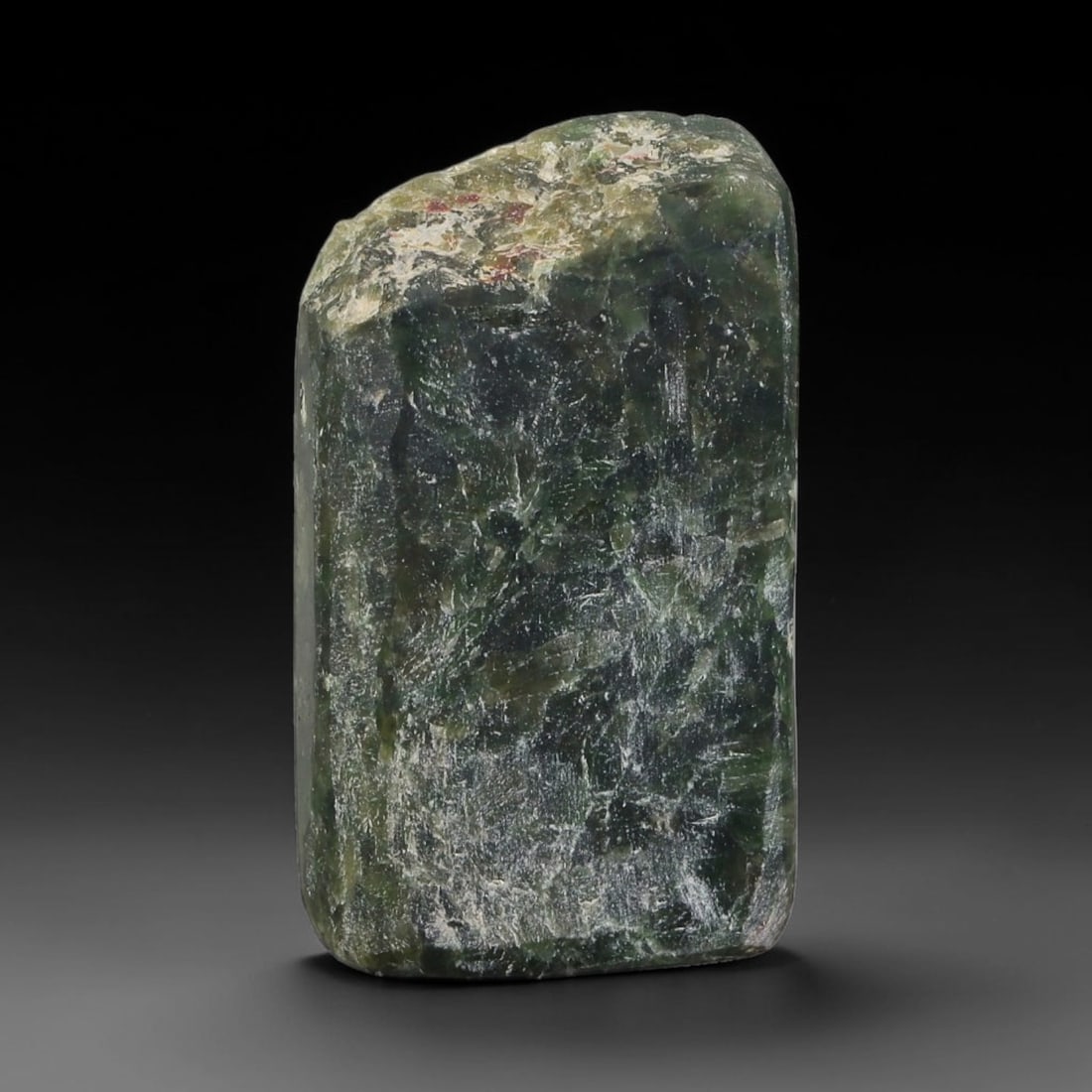 154ct Natural Type A Burmese Jadeite Jade Sliced Rough, 41FD: This specimen is a sliced rough block of natural Type A Burmese jadeite jade. The interior displays natural colour zoning with visible mineral veining and crystalline patterns typical of unprocessed j