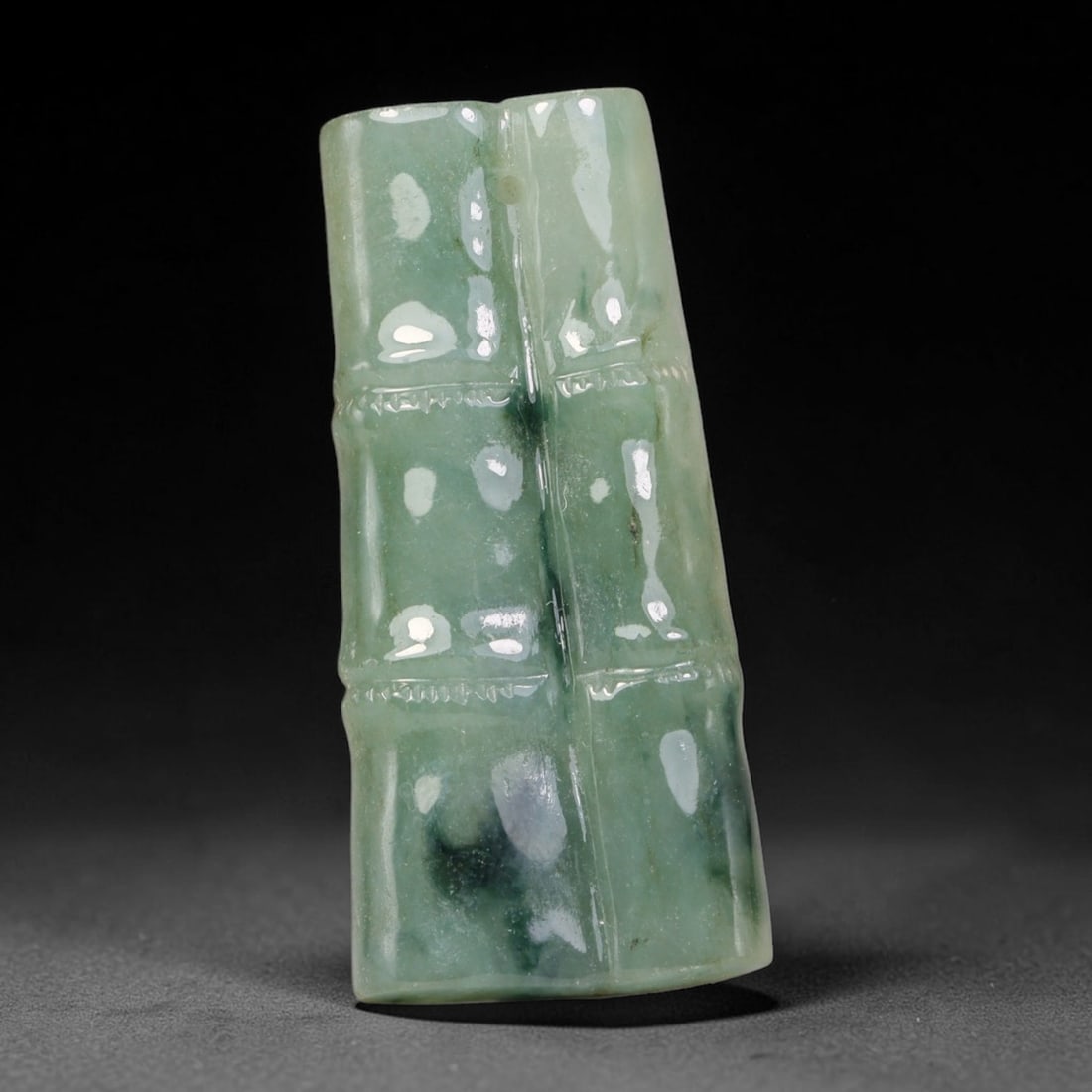 Natural Burmese Type A Jadeite Jade Hand Carved Pendant, 14BQ: Artisan hand-carved untreated Burmese Type A jadeite jade pendant measuring 34x15 mm. Carefully sculpted with detailed relief craftsmanship and finished with a smooth glossy polish. Authentic Type A j