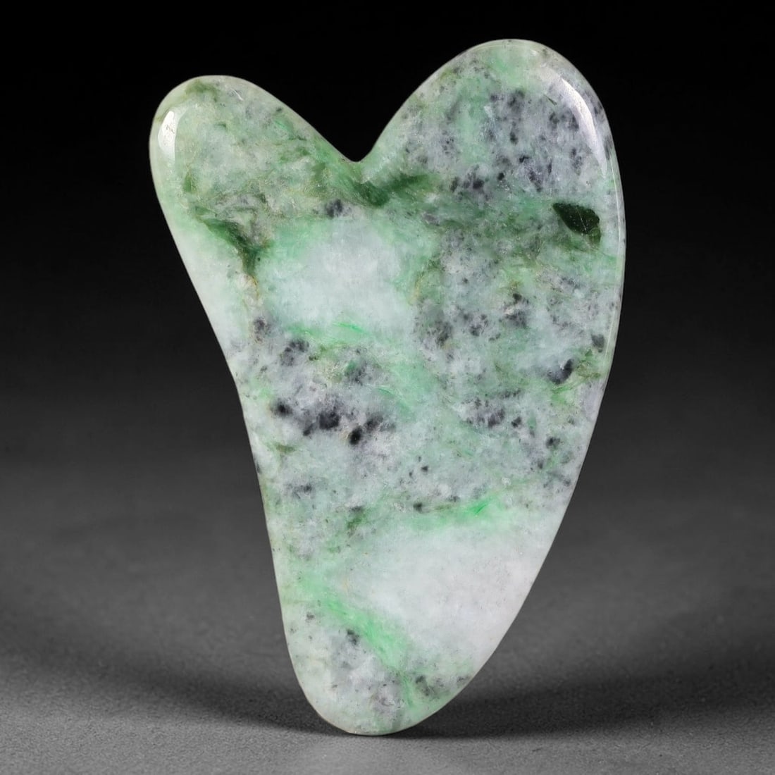 Natural Burmese Type A Jadeite Jade Facial Massage Gua Sha Tool, 35BK: Polished natural untreated Burmese Type A jadeite jade massage tool, measuring 85x55x5 mm. Crafted into the classic heart-shaped contour tool widely used for traditional facial and body stone massage 