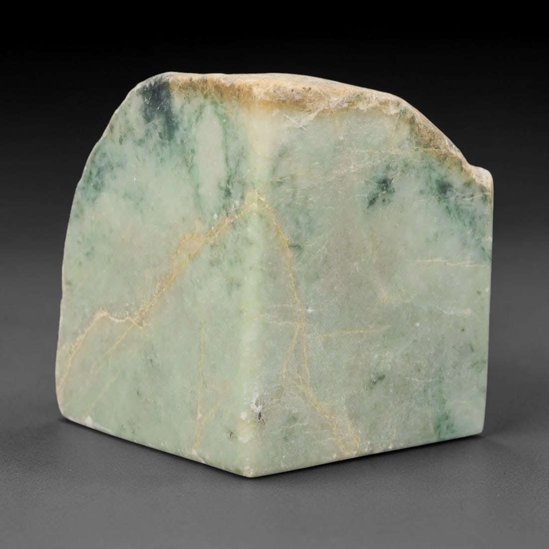 1112g Natural Burmese Type A Jadeite Jade Polished Rough Block, 45EZ: This natural Burmese Type A jadeite jade rough block with partial polished surfaces revealing internal mineral characteristics. Dimensions measure 9.5x7.5cm, sourced from Myanmar, this specimen is ide