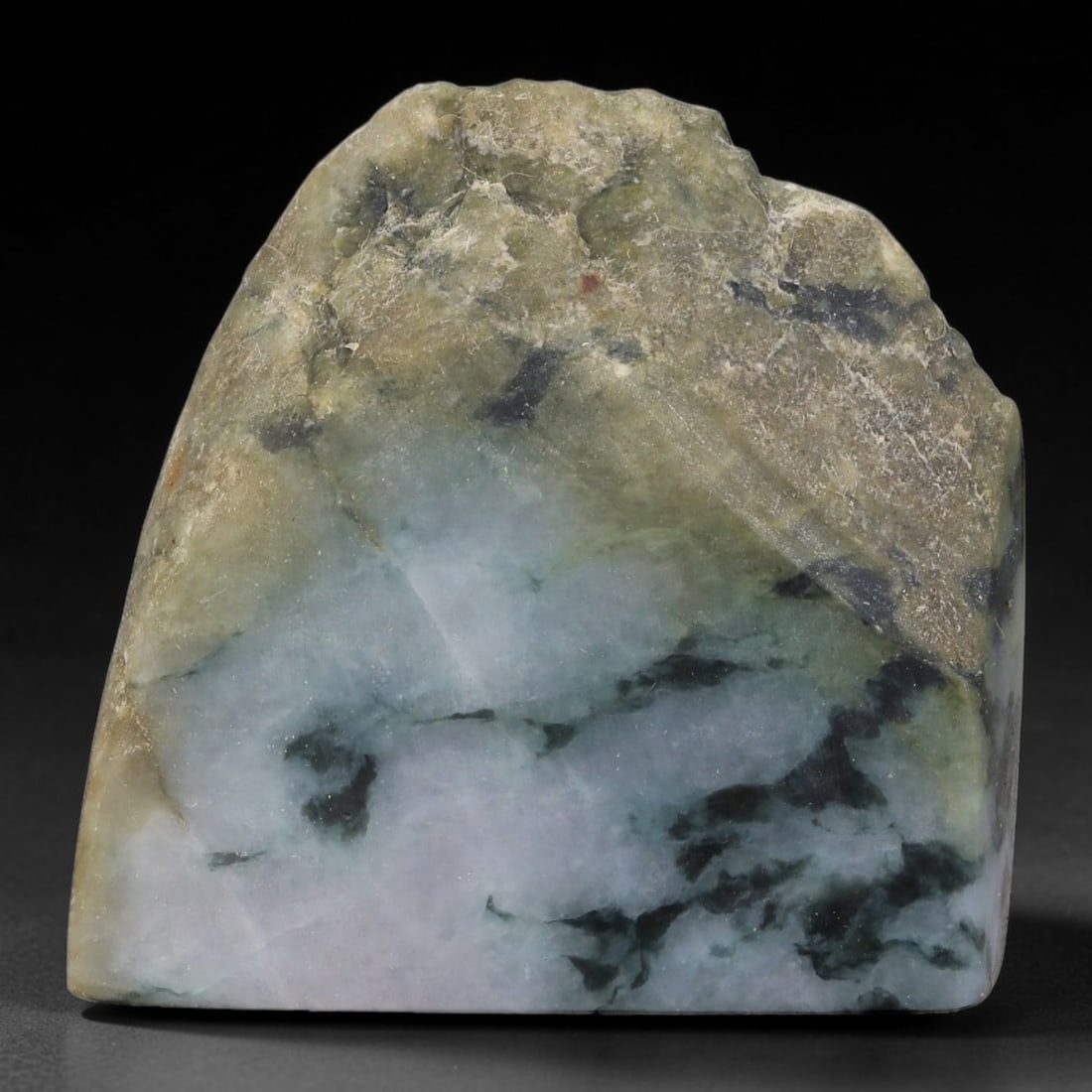 245ct Natural Type A Burmese Jadeite Jade Sliced Rough, 84FB: This specimen is a sliced rough block of natural Type A Burmese jadeite jade. The interior displays natural colour zoning with visible mineral veining and crystalline patterns typical of unprocessed j