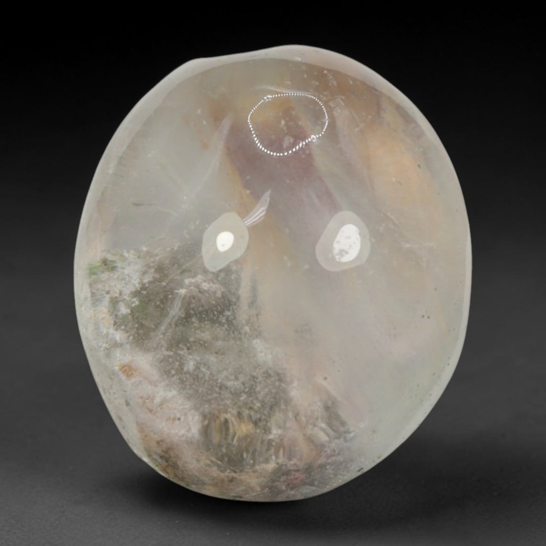 28ct Natural Brazilian Phantom Quartz Oval Cabochon Loose Gemstone, 20BM: This smoothly polished cabochon of natural phantom quartz preserves delicate layered phantom crystal formations enclosed inside transparent quartz host. The domed polished surface offers unobstructed 