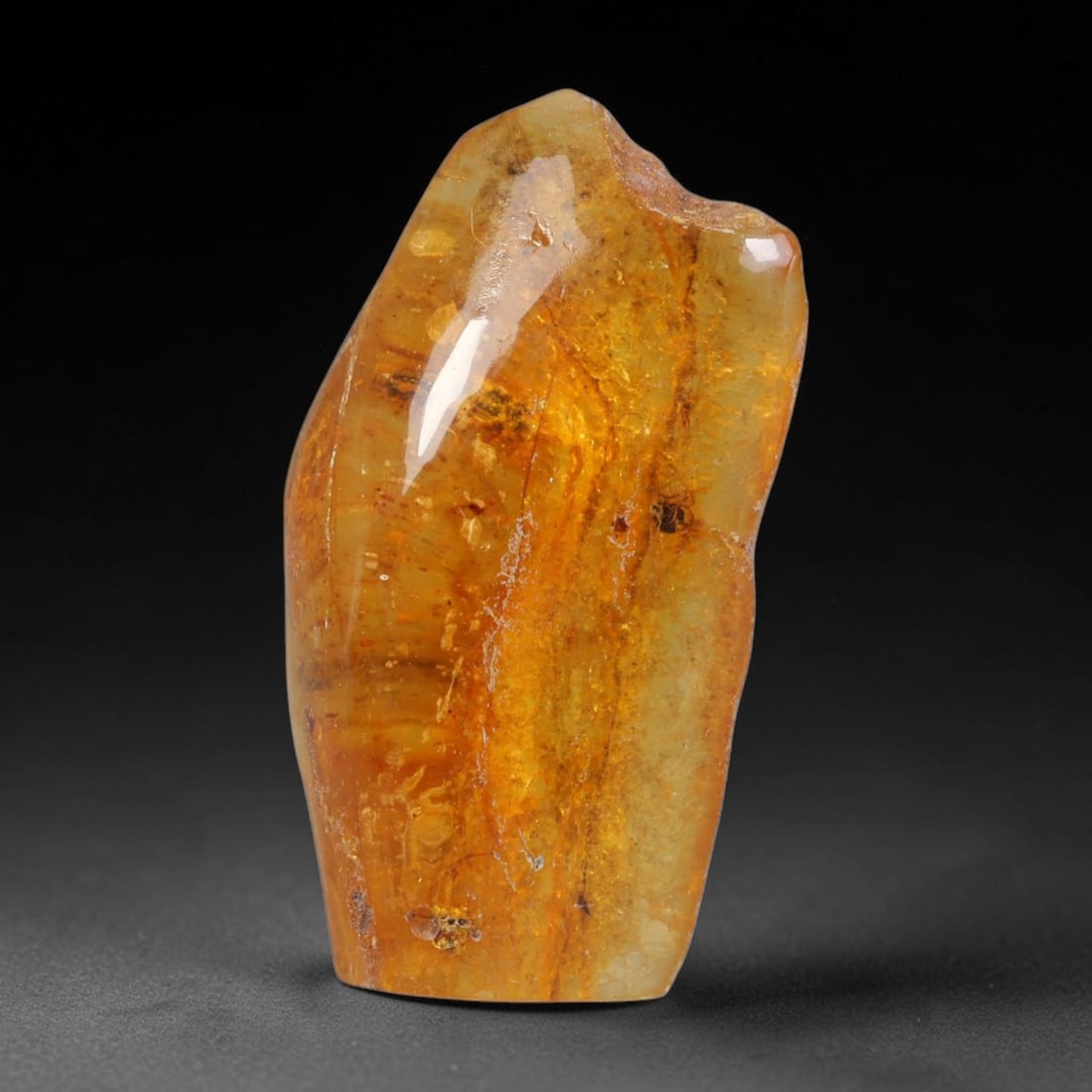 15ct Natural Baltic Polished Loose Freeform Amber Gemstone, 28AT: This smoothly polished freeform amber piece carries warm translucent organic clarity with fine natural fossil flecks and tiny mineral inclusions suspended throughout its 32x17mm flowing unstructured s