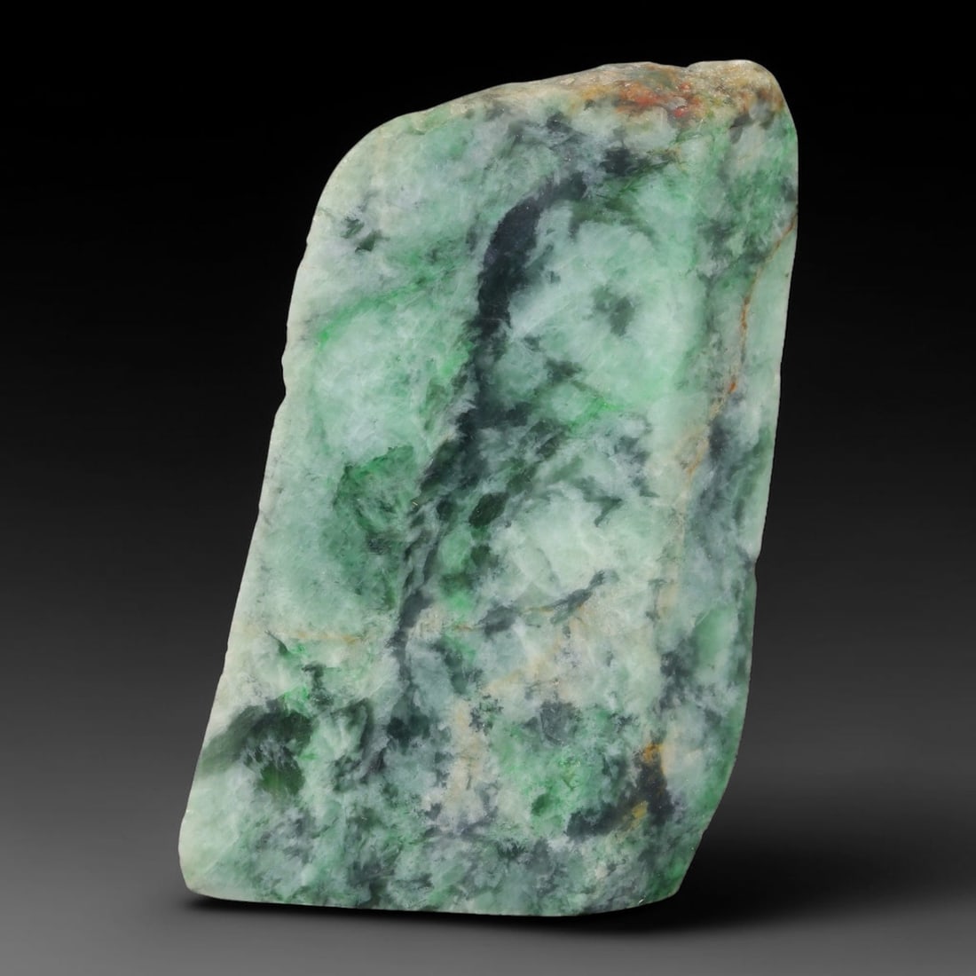 360ct Natural Type A Burmese Jadeite Jade Sliced Rough, 79FB: This specimen is a sliced rough block of natural Type A Burmese jadeite jade. The interior displays natural colour zoning with visible mineral veining and crystalline patterns typical of unprocessed j