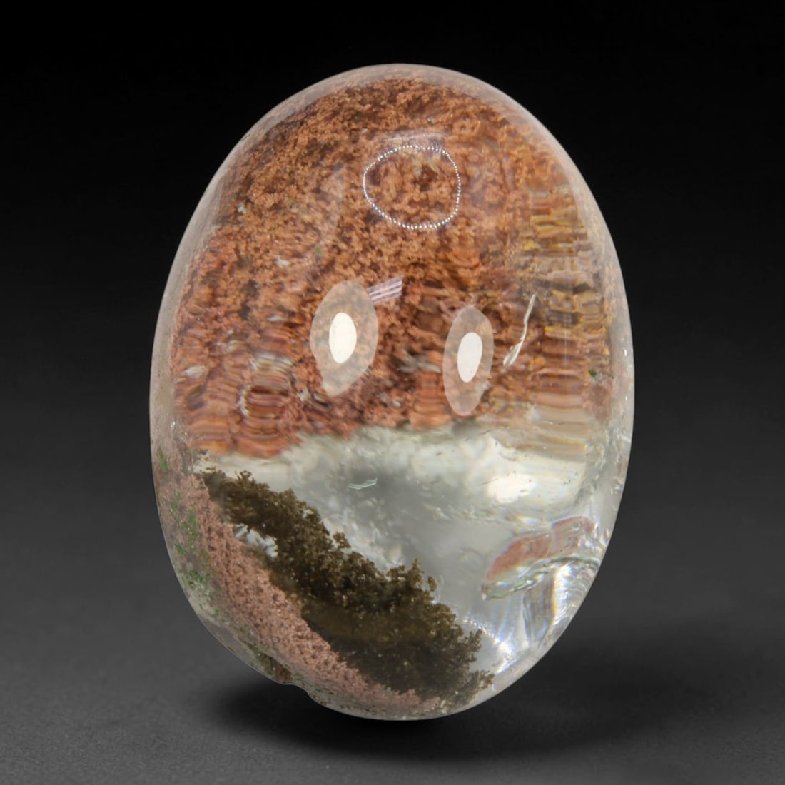35ct Natural Brazilian Phantom Quartz Oval Cabochon Loose Gemstone, 100BL: This smoothly polished cabochon of natural phantom quartz preserves delicate layered phantom crystal formations enclosed inside transparent quartz host. The domed polished surface offers unobstructed 