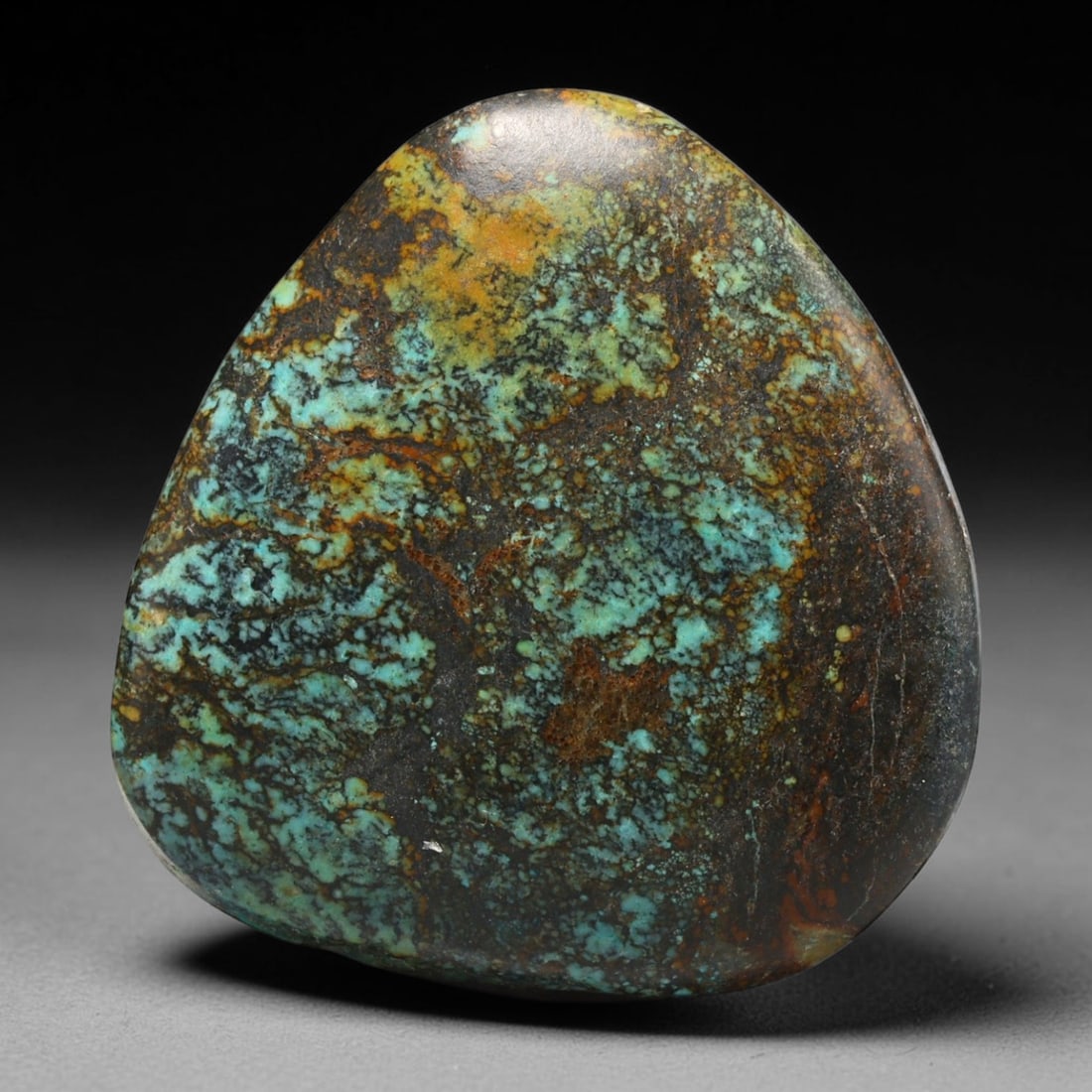 40ct Vintage Tibetan Natural Turquoise Freeform Cabochon Loose Gemstone, 80BW: Polished vintage Tibetan turquoise freeform cabochon loose gemstone, measuring 27x26 mm. Features characteristic natural matrix webbing and earthy mineral markings inherent to authentic Tibetan turquo