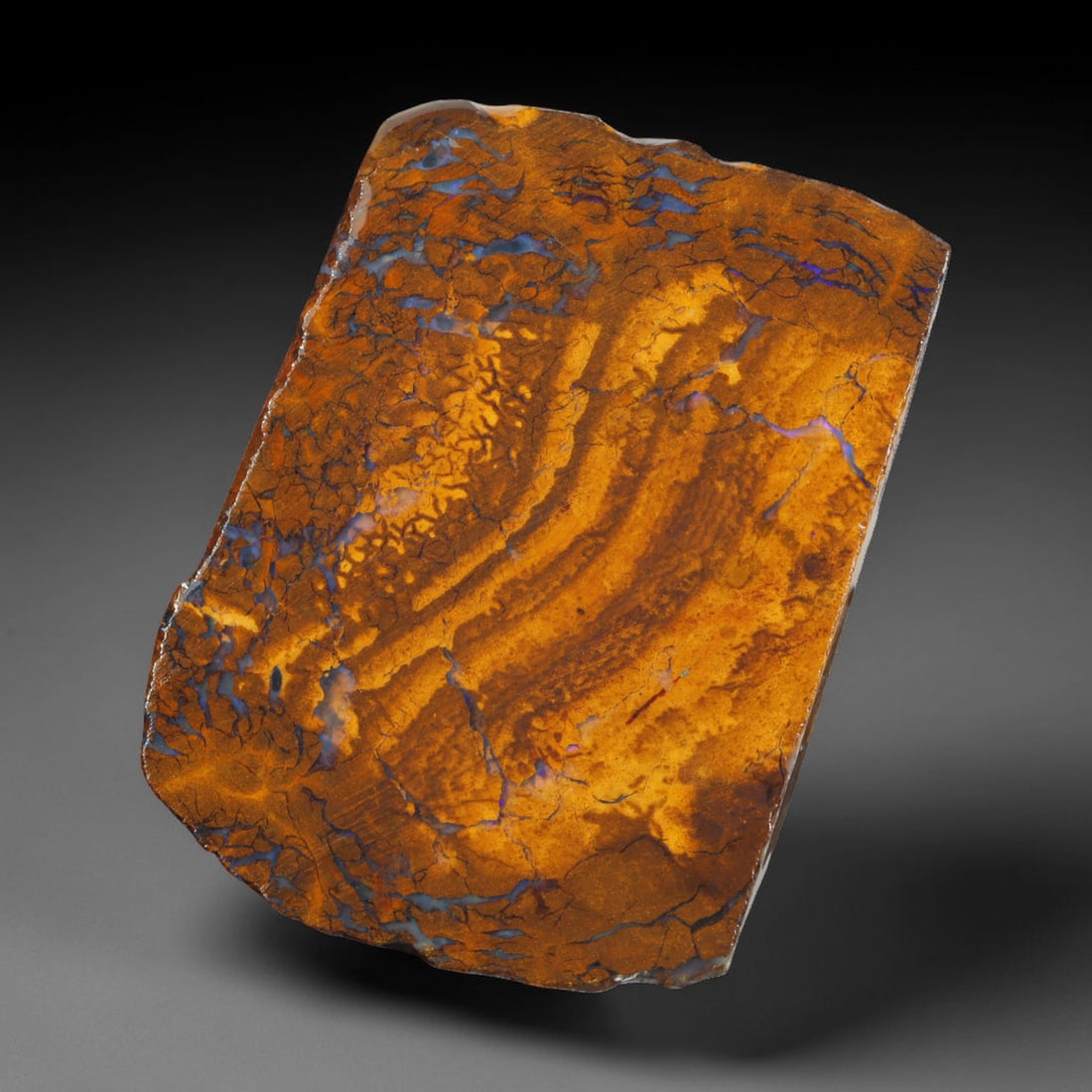 69.30ct Natural Australian Queensland Boulder Opal Sliced Slab Cutting Rough, 97AV: Natural sliced slab rough of Queensland boulder opal cutting grade, featuring rich color ironstone matrix with patterns. The face clearly reveals extensive opal veining and pocket formations running t