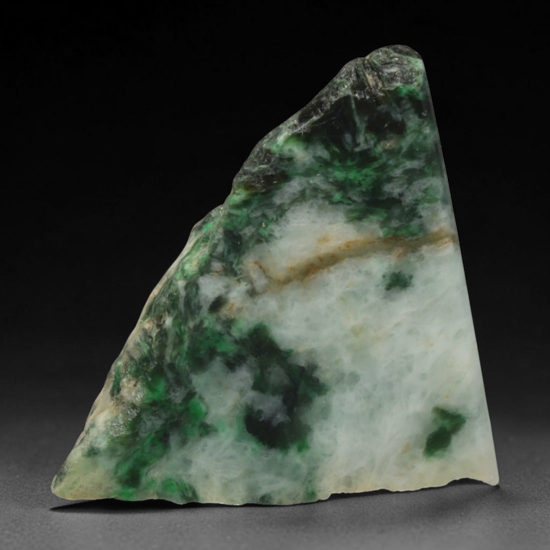 150ct Natural Type A Burmese Jadeite Jade Sliced Rough, 91EF: This specimen is a sliced rough block of natural Type A Burmese jadeite jade. The interior displays natural colour zoning with visible mineral veining and crystalline patterns typical of unprocessed j