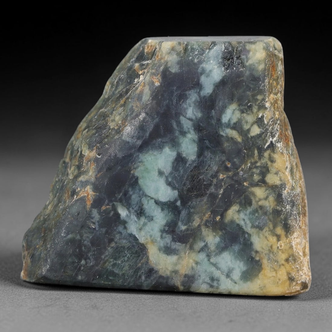 186ct Natural Type A Burmese Jadeite Jade Sliced Rough, 17FB: This specimen is a sliced rough block of natural Type A Burmese jadeite jade. The interior displays natural colour zoning with visible mineral veining and crystalline patterns typical of unprocessed j