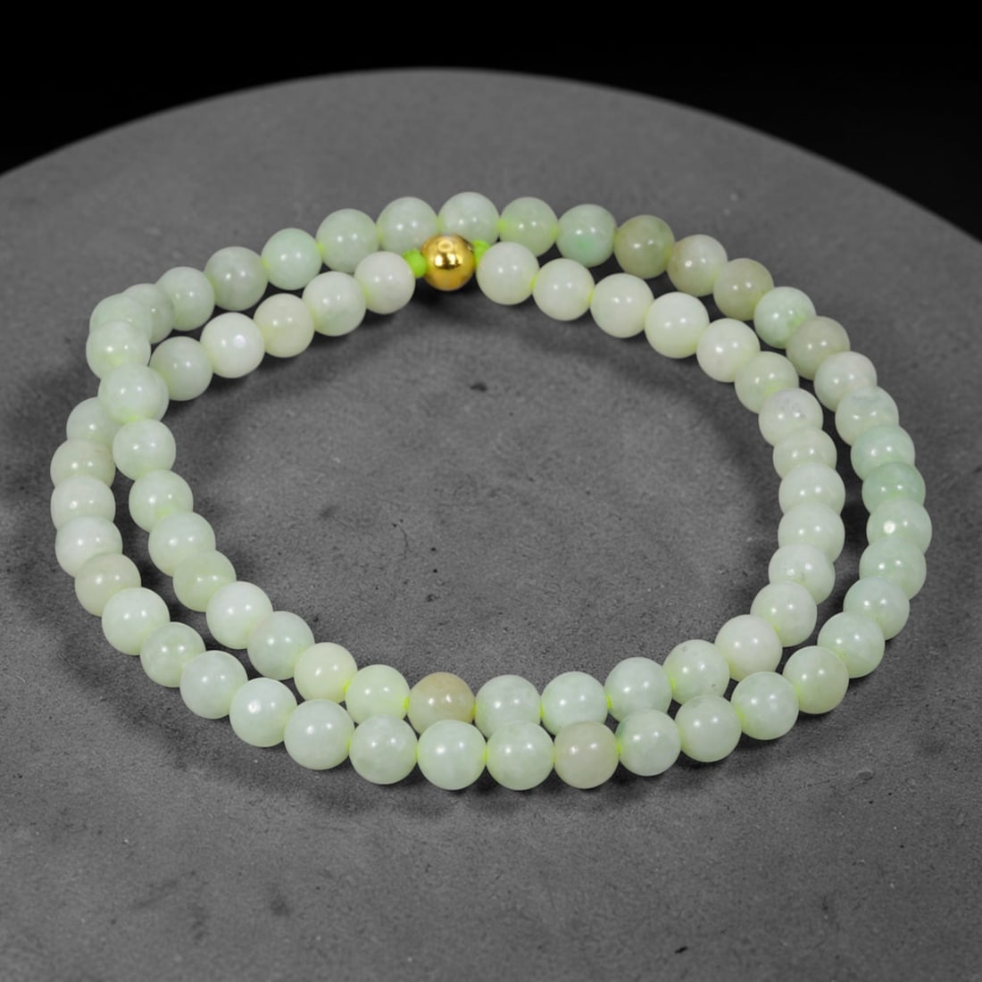 Natural Burmese Type A Jadeite Jade Round Bead Necklace with Gold Gilt Accent Bead, 11BL: Elegant hand-strung necklace made from polished natural untreated Burmese Type A jadeite jade spherical beads, each bead measuring 8 mm in diameter. The jadeite features a soft pale milky celadon hue 