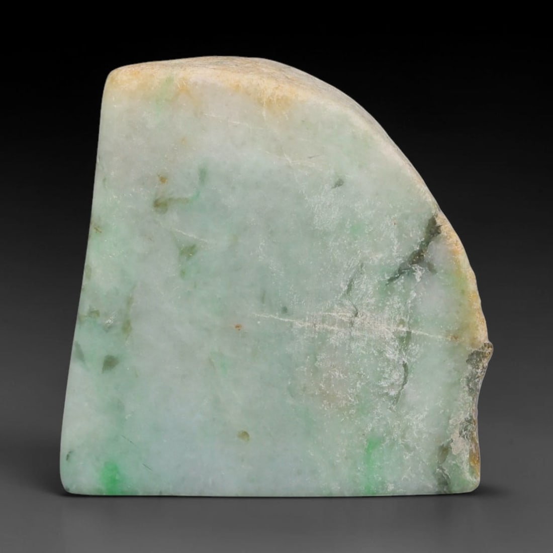 214ct Natural Type A Burmese Jadeite Jade Sliced Rough, 45FD: This specimen is a sliced rough block of natural Type A Burmese jadeite jade. The interior displays natural colour zoning with visible mineral veining and crystalline patterns typical of unprocessed j