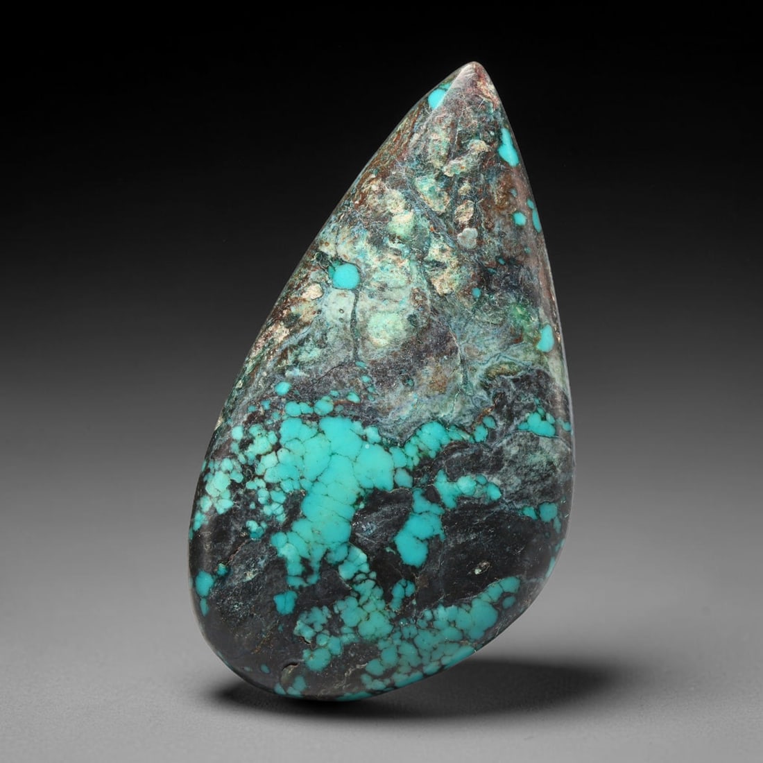 56ct Vintage Tibetan Natural Turquoise Freeform Cabochon Loose Gemstone, 71BW: Polished vintage Tibetan turquoise freeform cabochon loose gemstone, measuring 53x30 mm. Features characteristic natural matrix webbing and earthy mineral markings inherent to authentic Tibetan turquo