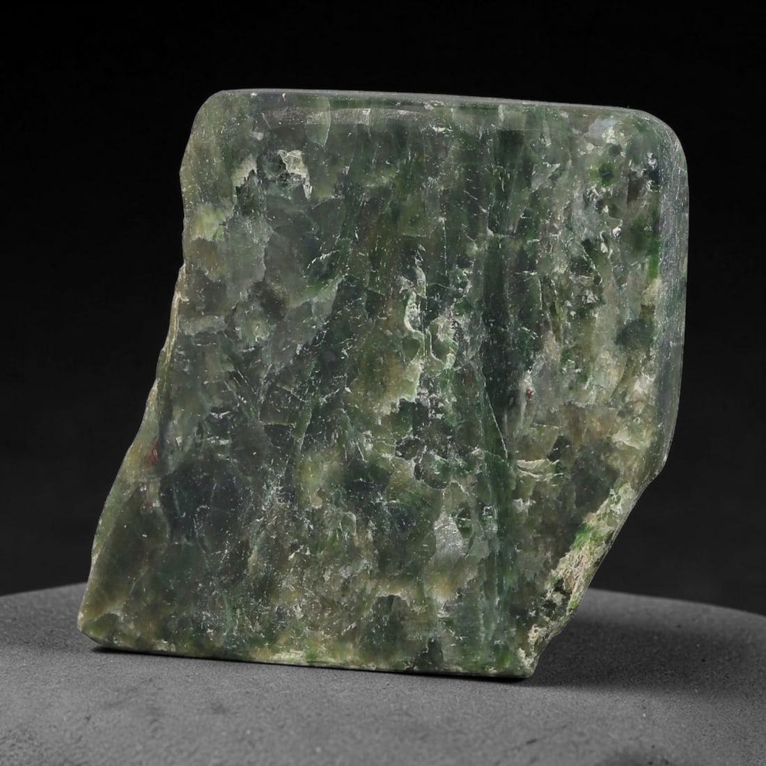 236ct Natural Type A Burmese Jadeite Jade Sliced Rough, 65FD: This specimen is a sliced rough block of natural Type A Burmese jadeite jade. The interior displays natural colour zoning with visible mineral veining and crystalline patterns typical of unprocessed j