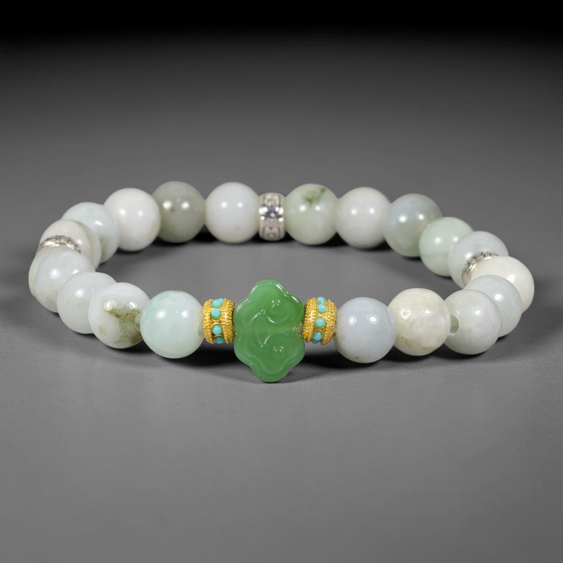 Natural Burmese Type A Jadeite Jade Beaded Bracelet, 9FJ: Constructed from polished natural jadeite jade round beads paired with decorative accent elements. The bracelet measures 8cm, assembled as a flexible wearable strand. Simple and elegant, suitable for 