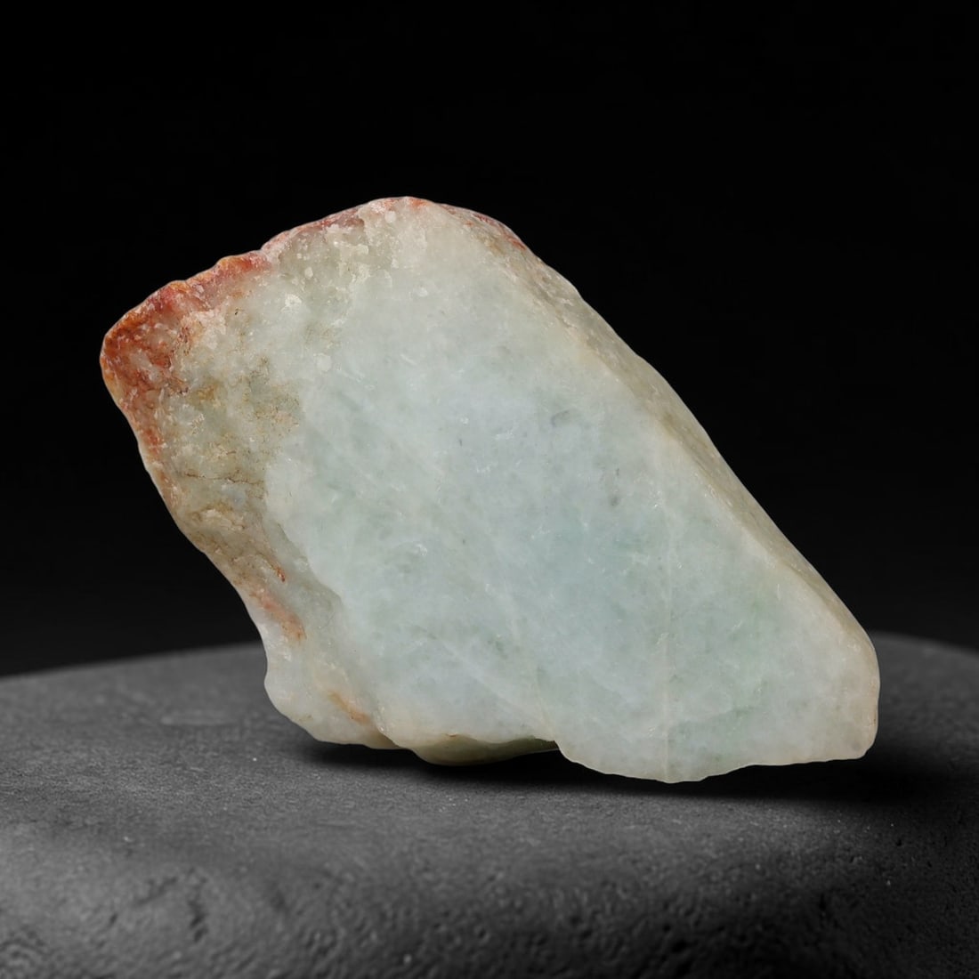 265ct Natural Type A Burmese Jadeite Jade Sliced Rough, 49FD: This specimen is a sliced rough block of natural Type A Burmese jadeite jade. The interior displays natural colour zoning with visible mineral veining and crystalline patterns typical of unprocessed j