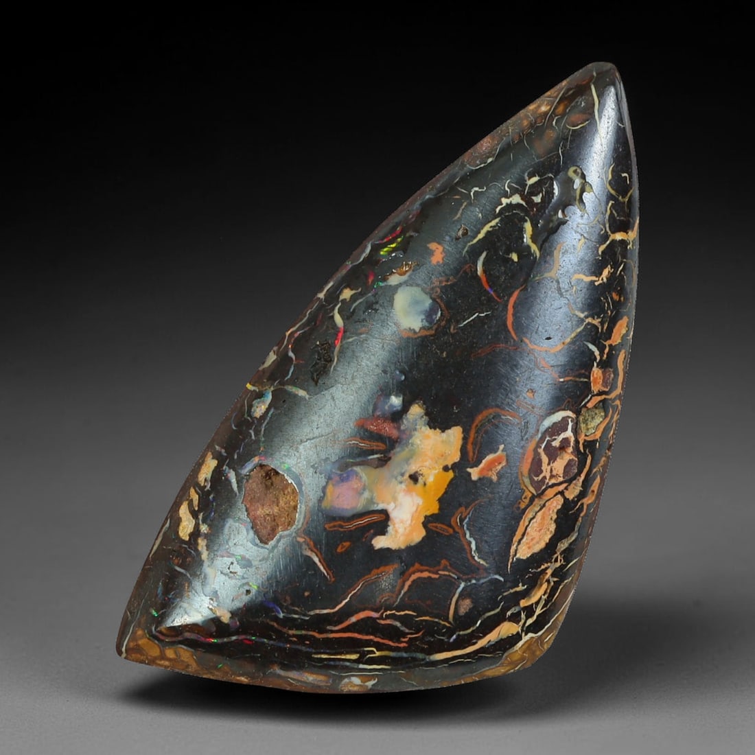 13.66ct Natural Australian Queensland Boulder Opal Sliced Slab Cutting Rough, 2AY: Natural sliced slab rough of Queensland boulder opal cutting grade, featuring rich color ironstone matrix with patterns. The face clearly reveals extensive opal veining and pocket formations running t