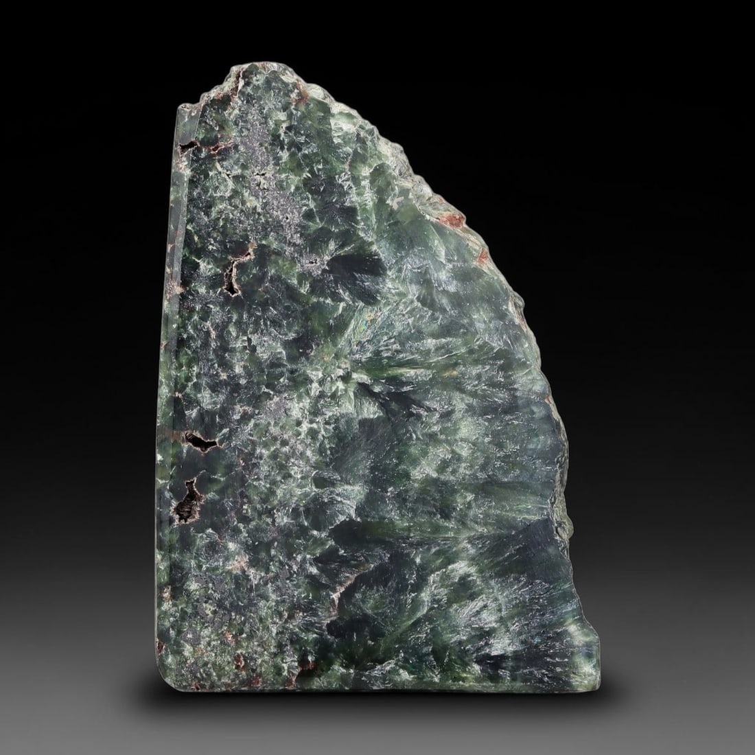 85ct Natural Siberian Seraphinite Polished Rough Slab, 19AR: This polished mineral slab is natural seraphinite originating from Siberian deposits, displaying characteristic radiating crystalline fibrous formations with layered deep forest and silvery green band