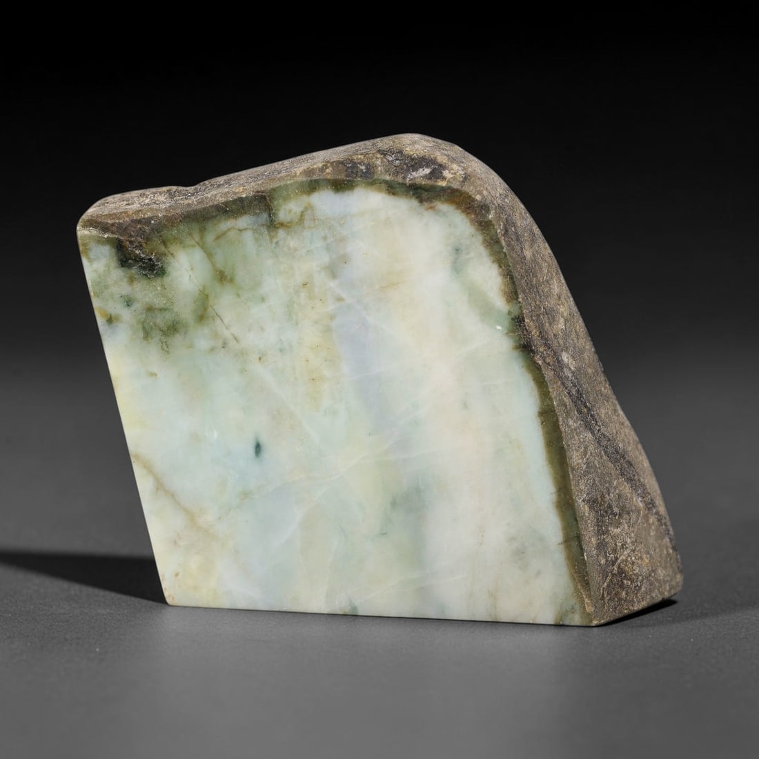 710g Natural Burmese Type A Jadeite Jade Polished Rough Block, 30EZ: This natural Burmese Type A jadeite jade rough block with partial polished surfaces revealing internal mineral characteristics. Dimensions measure 10.5x9.5cm, sourced from Myanmar, this specimen is id