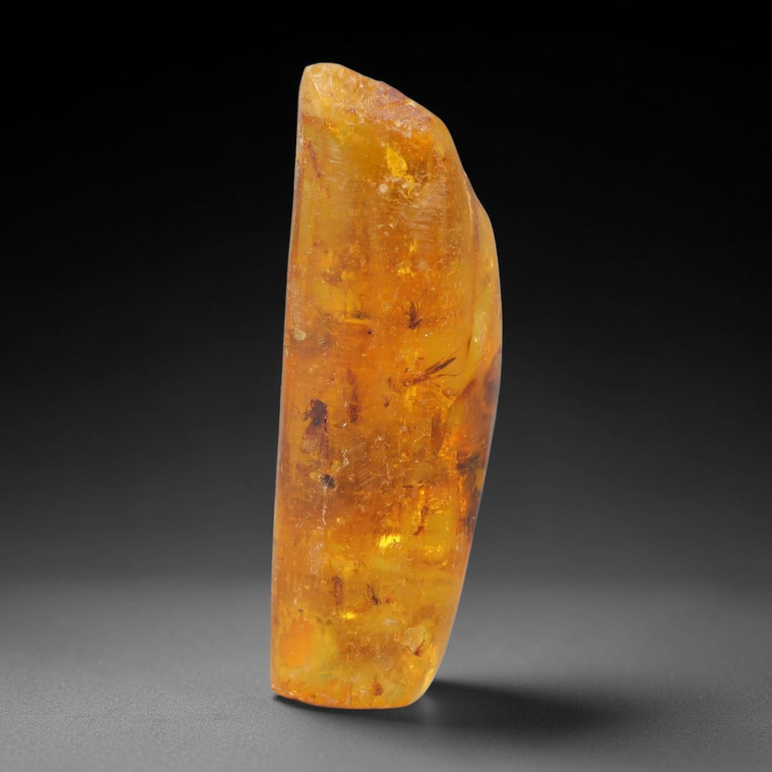 15.58ct Natural Baltic Polished Loose Freeform Amber Gemstone, 41AT: This smoothly polished freeform amber piece carries warm translucent organic clarity with fine natural fossil flecks and tiny mineral inclusions suspended throughout its 35x16mm flowing unstructured s