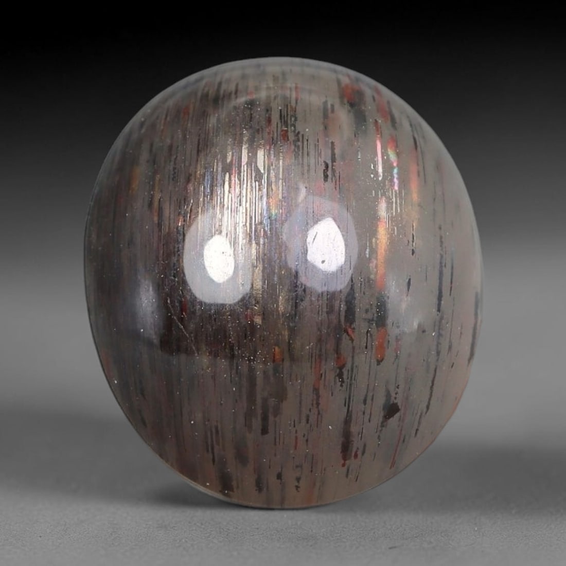 10.77 Carats Natural Australian Lattice Sunstone Cabochon Loose Gemstone, 19AG: This rich lattice sunstone boasts striking vertical mineral lattice inclusions, measured at 14.3x12x8.5mm, its earthy blended brown and peach base paired with vibrant multi-colored light reflections d